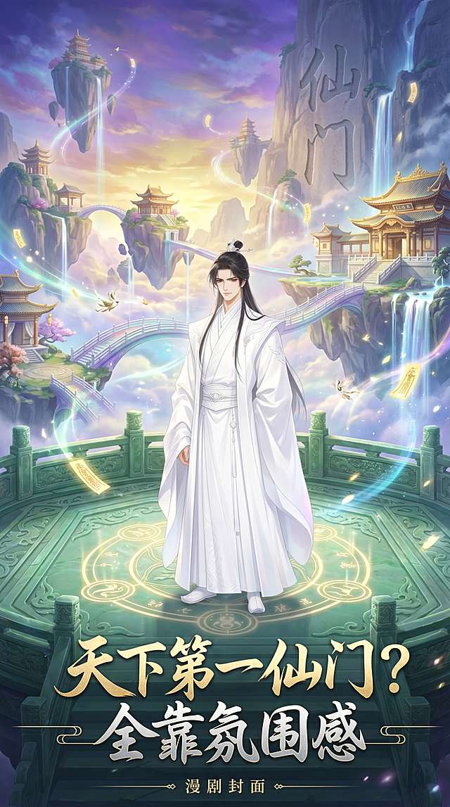 华丽古风漫剧封面，比例9:16，背景不要纯白色，全图不要留白，图中不要英文，包含剧名"天下第一仙门？全靠氛围感"，使用参考图中的古风白衣长发男性角色，整体氛围华丽仙气的仙侠风格