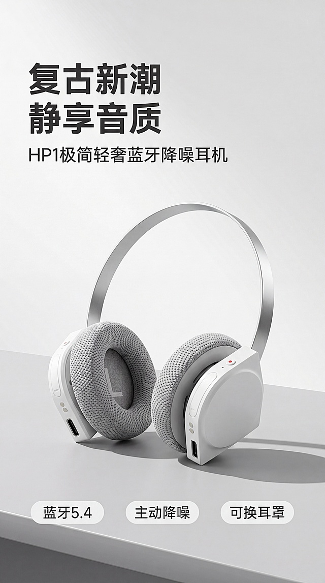[第1屏] 详情页头图-HP1极简轻奢蓝牙降噪耳机主视觉。本屏使用【图1】作为商品主体。
[氛围/风格] 极简轻奢风，高级灰渐变背景，商业摄影质感，凸显复古科技结合的产品气质。
[元素布局] 白色款耳机放置画面中心偏右下位置，占比约70%，左侧保留大文案区域；极简低饱和桌面场景，耳机结构、材质颜色与输入产品图保持一致，突出极简轻奢的外观设计。
[光影质感] 左上角柔光打亮产品轮廓，右下方自然阴影，金属头梁保持清晰高光，整体明暗层次通透干净。
[配色色系] 全局底色 #F5F5F5；主色白灰；辅助色浅灰渐变背景、深灰文字。
[视角构图] 正面45度斜视角，产品为绝对视觉中心，阅读动线左上标题→中心产品→右下卖点标签。
[文字版式] 版式为左上标题+中心产品+底部标签。主标题「复古新潮 静享音质」，副标题「HP1极简轻奢蓝牙降噪耳机」，大字体左对齐；下方三个卖点标签：「蓝牙5.4」「主动降噪」「可换耳罩」；文字均不遮挡产品主体，清晰可读。
[比例分辨率] 9:16竖版比例，4K分辨率，文字清晰可辨，高清画质。
[负向提示词] 产品变形，缺件错件，颜色偏差，文字错乱，文字过小，水印，背景杂乱。