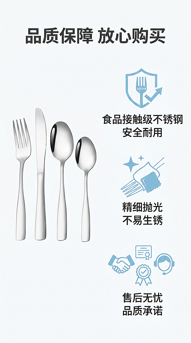 [第8屏] 信任保障说明，介绍产品食品接触级安全材质与售后保障。本屏使用【图1】银色餐具小图放在左侧。
[氛围/风格] 专业可信保障页，简洁干净，降低购买顾虑。
[元素布局] 左侧放置缩小的银色餐具四件套产品图，占比约30%，右侧分点展示保障信息，用图标加文字的形式排列，整体排版左右分栏，平衡舒适，产品结构颜色和原图保持一致。
[光影质感] 均匀柔和光照，产品和文字都清晰展示，无强烈阴影。
[配色色系] 全局底色 #F8F9FA，主色银色产品，文字深灰，图标浅蓝色，整体清爽干净。
[视角构图] 左右分栏平视构图，信息分区清晰，阅读流畅。
[文字版式] 顶部标题「品质保障 放心购买」，右侧分三点展示：1. 食品接触级不锈钢 安全耐用；2. 精细抛光 不易生锈；3. 售后无忧 品质承诺。图标搭配文字，排版清晰，手机端可读。
[比例分辨率] 9:16竖版比例，4K分辨率，文字清晰可辨，高清画质。
[负向提示词] 文字错乱，产品变形，颜色偏差，信息遮挡，水印，极限词，绝对化宣传