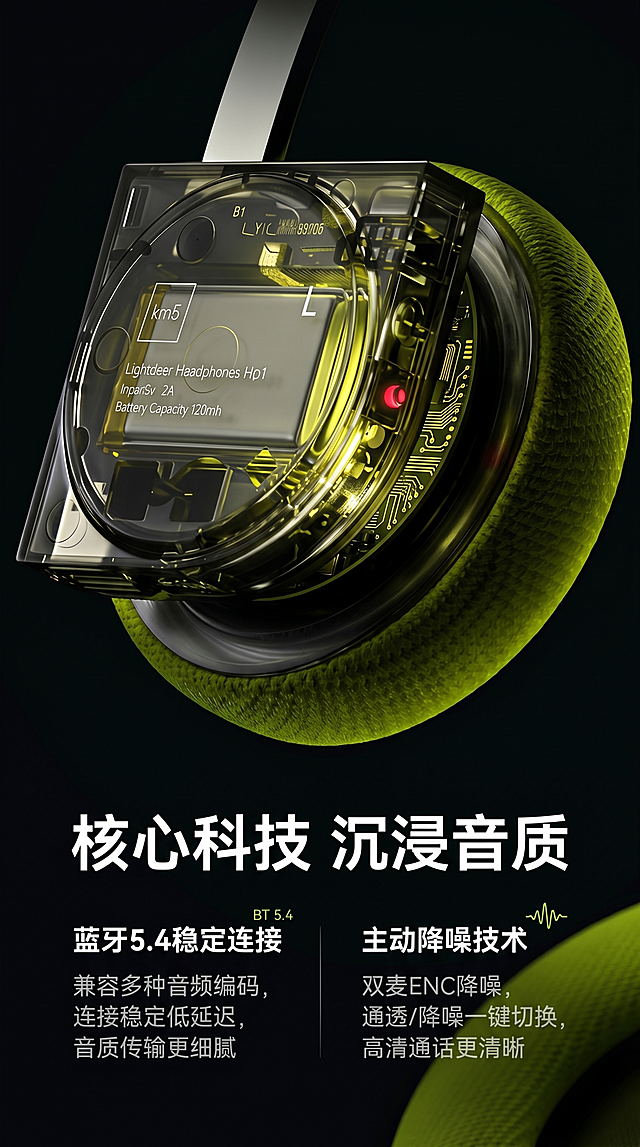 [第4屏] 核心技术解析-HP1蓝牙5.4与主动降噪技术原理。本屏使用【图6】通透结构展示图。
[氛围/风格] 科技神秘感，深色背景，突出内部结构质感。
[元素布局] 上半部分占比2/3放置耳机通透结构特写图，展示内部电池与电路设计，下半部分分两栏文字说明蓝牙5.4和主动降噪技术；保持产品结构颜色与原图一致，突出科技通透质感。
[光影质感] 暗背景侧光打亮产品轮廓，透明外壳透出黄绿色内侧光，营造科技氛围感，明暗对比清晰。
[配色色系] 全局底色 #121212；主色黄绿色结构光，白色文字；辅助色深灰背景。
[视角构图] 上产品下文字，通屏竖版构图，视觉焦点在产品结构。
[文字版式] 顶部主标题「核心科技 沉浸音质」，下分两栏：左栏「蓝牙5.4稳定连接」，说明「兼容多种音频编码，连接稳定低延迟，音质传输更细腻」；右栏「主动降噪技术」，说明「双麦ENC降噪，通透/降噪一键切换，高清通话更清晰」，白色文字深色背景对比度足够，清晰可读。
[比例分辨率] 9:16竖版比例，4K分辨率，文字清晰可辨，高清画质。
[负向提示词] 结构变形，文字模糊，配色过暗，产品轮廓不清。