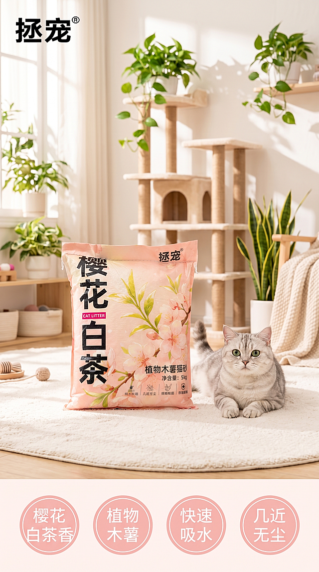 [第5屏] 品牌与产品全景场景展示，突出产品好闻气味。本屏使用【图3】产品图。
[氛围/风格] 温馨居家宠物风，柔和自然光，温馨治愈质感。
[元素布局] 产品包装袋居中放置，一只美短猫咪趴在包装袋旁，背景布置简约家居猫爬架和绿植装饰，整体场景温馨自然。下方四个圆形卖点标签，分别展示核心特点。产品包装文字和外观与原图保持完全一致。
[光影质感] 自然光从左侧射入，柔和阴影，整体氛围温暖明亮。
[配色色系] 全局底色 #FFFFFF；主色浅粉色产品包装；辅助色米白地毯，绿色绿植装饰，黑色文字。
[视角构图] 正面全景视角，产品和猫咪共同成为视觉中心，场景饱满不拥挤。
[文字版式] 顶部左上角展示品牌Logo「拯宠」，下方四个圆形标签分别写「樱花白茶香」「植物木薯」「快速吸水」「几近无尘」，文字清晰排列，不遮挡主体。
[比例分辨率] 9:16 竖版比例，4K分辨率，文字清晰可辨，高清画质。
[负向提示词] 猫咪变形，包装文字错乱，产品结构错误，背景杂乱，水印