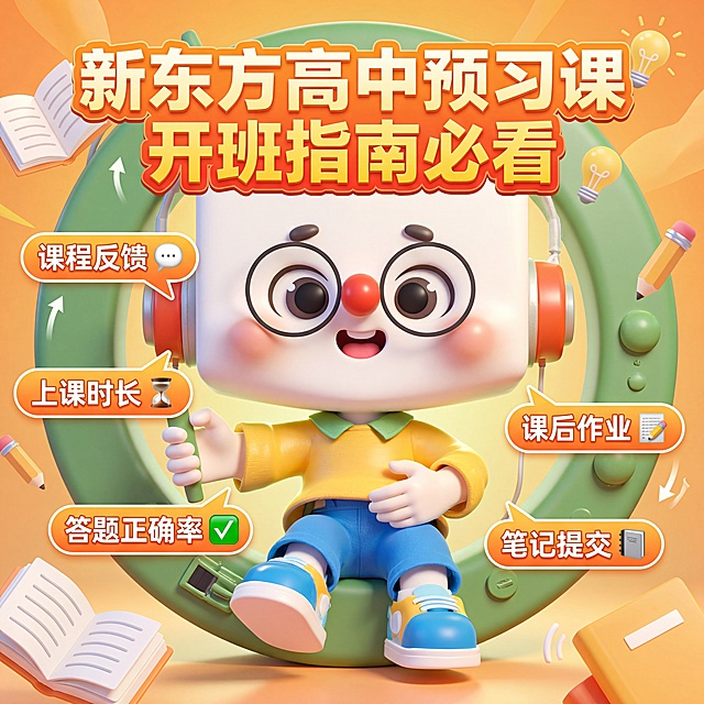 在原图片基础上，添加文字信息：标题是“新东方高中预习课 开班指南必看”，提取重点关键词：课程反馈、上课时长、答题正确率、课后作业、笔记提交，设计成干货满满的视频封面图风格，突出重点信息，吸引家长点击，保留原卡通IP形象，整体风格明亮活泼，适合教育场景。