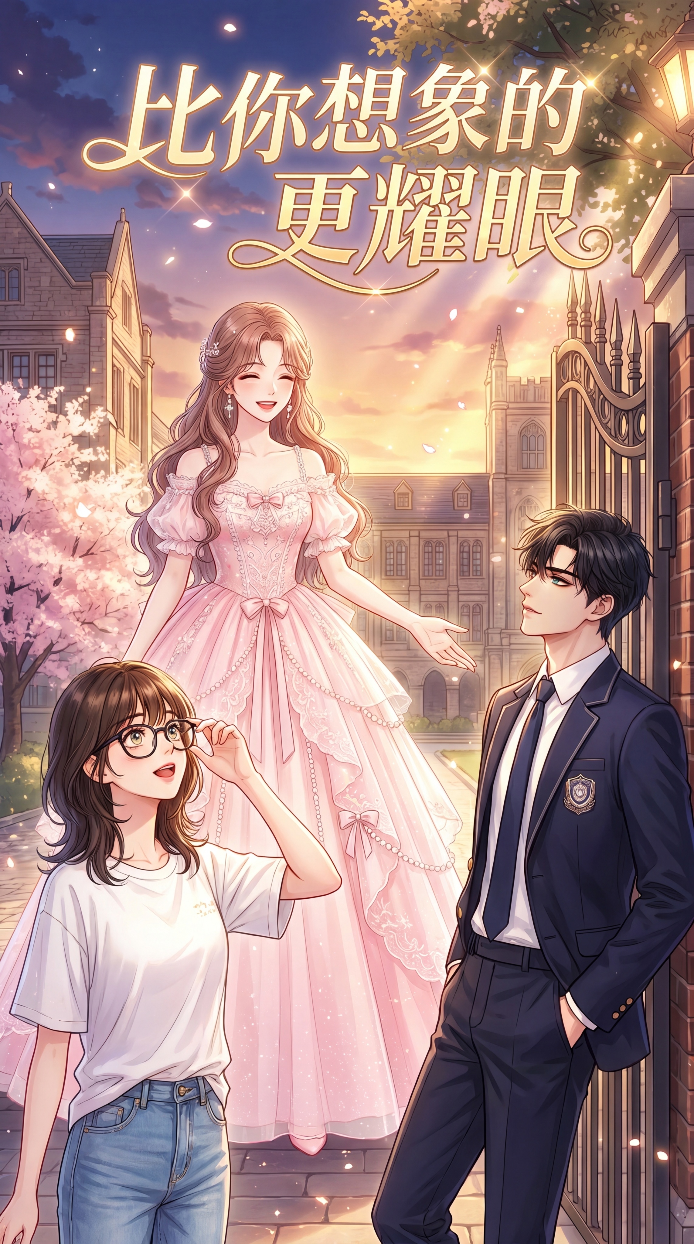 漫剧封面，9:16竖版，标题为"比你想象的更耀眼"，包含图中三… - 图片创意预览