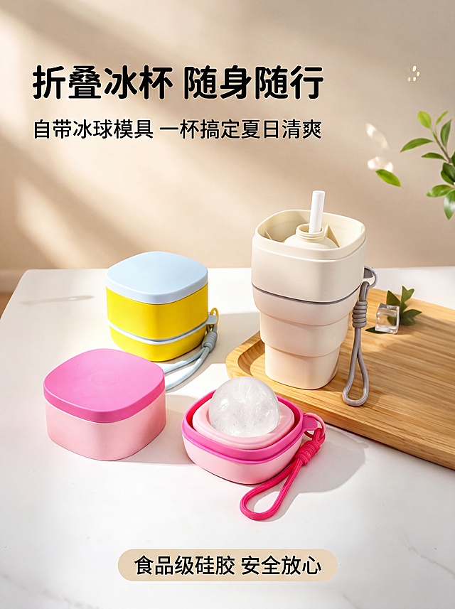 [第1屏] 详情页头图海报-可折叠硅胶冰球吸管杯 多色套装产品展示。本屏使用【图1】作为商品主体。
[氛围/风格] 清新明亮ins风，温馨简约实景，商业摄影质感，马卡龙色系
[元素布局] 多色产品置于画面中下区域，占比约65%；顶部预留主标题位置，背景为干净的米白色大理石台面搭配浅米色墙面，点缀少量绿植和光影纹理；保证产品物理结构、折叠轮廓、颜色色号与输入产品图一致
[光影质感] 左上方柔光入射，产品下方保留柔和自然阴影，产品硅胶质感清晰突出，整体光影通透
[配色色系] 全局底色 #faf9f7，主色马卡龙粉黄蓝，辅助色浅木色台面、绿植点缀色
[视角构图] 正面微俯视构图，产品为绝对视觉中心，阅读动线从上到下自然流畅
[文字版式] 顶部主标题「折叠冰杯 随身随行」，副标题「自带冰球模具 一杯搞定夏日清爽」，文字左对齐，圆角黑体；底部信息条标注「食品级硅胶 安全放心」，文字不遮挡产品主体，字号适配移动端清晰可读
[比例分辨率] 3:4竖版比例，4K分辨率，文字清晰可辨，高清画质
[负向提示词] 产品变形，缺件错件，颜色偏差，文字错乱，文字过小，水印，背景杂乱
