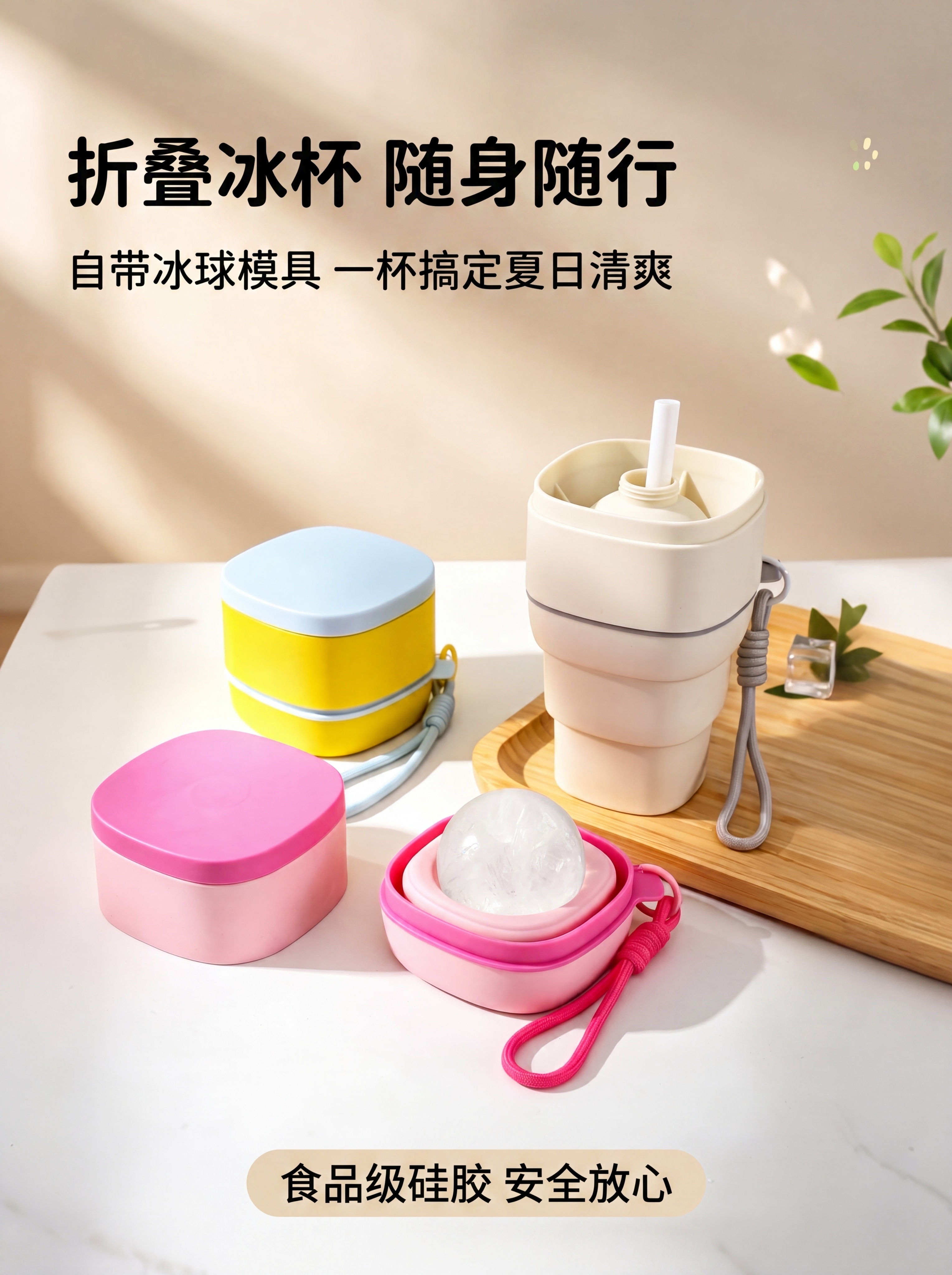 [第1屏] 详情页头图海报-可折叠硅胶冰球吸管杯 多色套装产品… - 图片创意预览