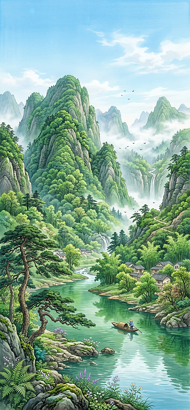 生成一张风景画，要8K,术语怎么说？？图片要精细，细腻化。绿山绿水。适合手机桌面
