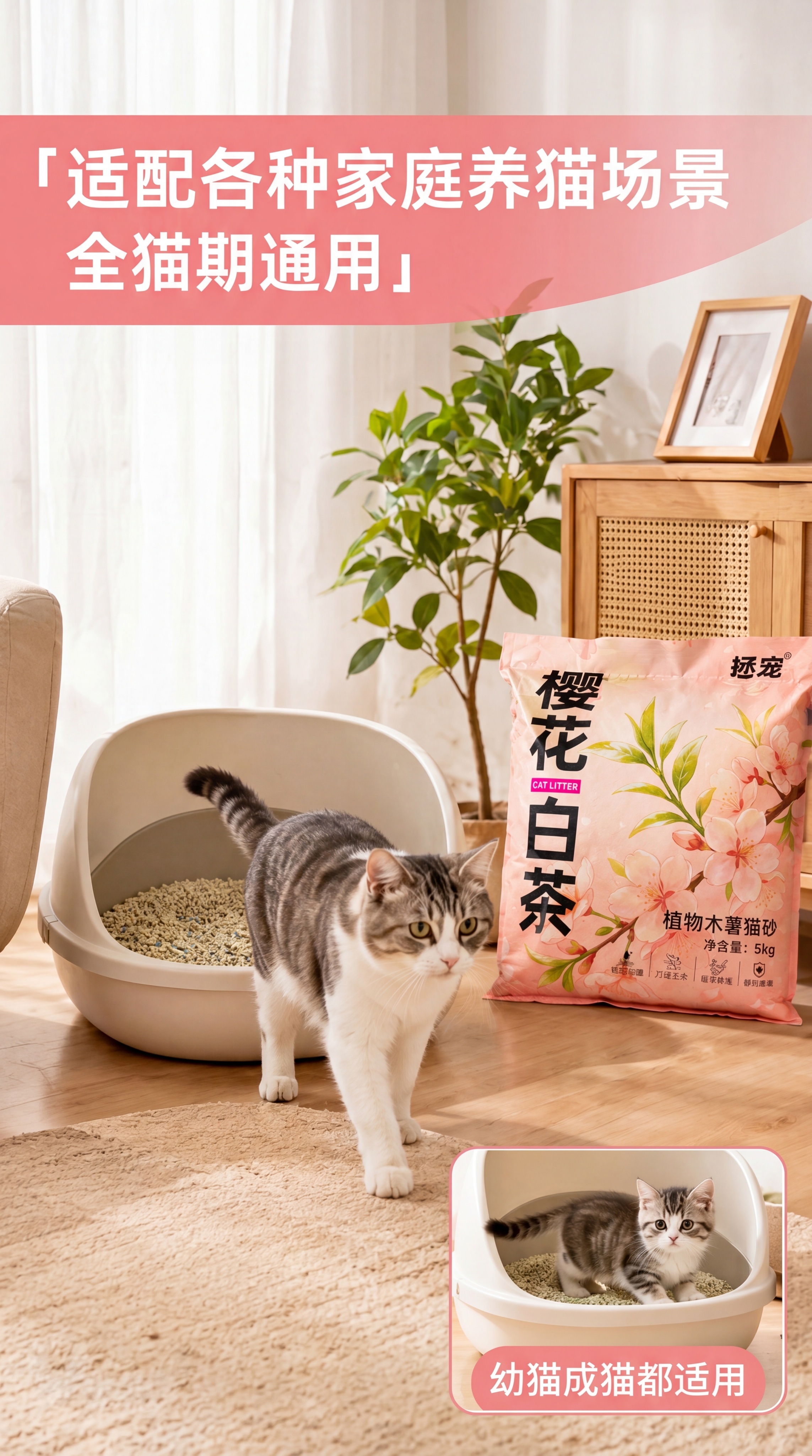 [第6屏] 适用场景页-适配各种家庭养猫场景，全猫期通用。本屏… - 图片创意预览