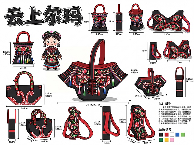 保持图2原有草稿构图不变，美化润色成为整套文创箱包产品设计展板效果图，主题为国风少数民族羌族传统服饰元素系列，所有包袋外观都以图1羌族传统服饰为核心纹样，主色黑色、红色、浅白撞色配色，色彩比例参考图1。画面左上角放置卡通艺术字体标题“云上尔玛”，画面内附带详细长宽尺寸标注线与厘米数值，搭配身着羌族传统服饰的卡通少女穿搭效果图，侧边附有设计说明文字板块，配色色卡色块参考。整体平涂马克笔卡通插画风格，干净清晰线稿，扁平化上色，柔和阴影，商业产品设计参赛展板构图，白底背景，排版规整清晰，无杂乱背景，细节精致，适合毕业设计展板输出，高清8K