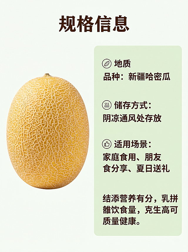 [第7屏] 规格参数与选购信息。
[氛围/风格] 清晰信息版式，简约干净，专业严谨，符合生鲜详情页规格展示需求。
[元素布局] 左侧放整颗哈密瓜产品图，占比约40%；右侧放置规格信息和简要营养提示，信息分区清晰，图文并茂，不拥挤。
[光影质感] 均匀柔光照明，整体明亮干净，文字信息清晰可读。
[配色色系] 全局底色 #F8FBF5；主色浅绿底色；辅助色暖黄色产品，深棕色文字。
[视角构图] 左右分栏，左图右信息，构图平稳，阅读流畅。
[文字版式] 顶部主标题「规格信息」，内容包括：
品种：新疆哈密瓜
储存方式：阴凉通风处存放
适用场景：家庭食用、朋友分享、夏日送礼
保持统一字体风格，文字排版清晰，行距合适，手机端可读。
[比例分辨率] 3:4竖版比例，4K分辨率，文字清晰可辨，高清画质。
[负向提示词] 信息排版错乱，文字过小，哈密瓜变形，水印，颜色偏差。