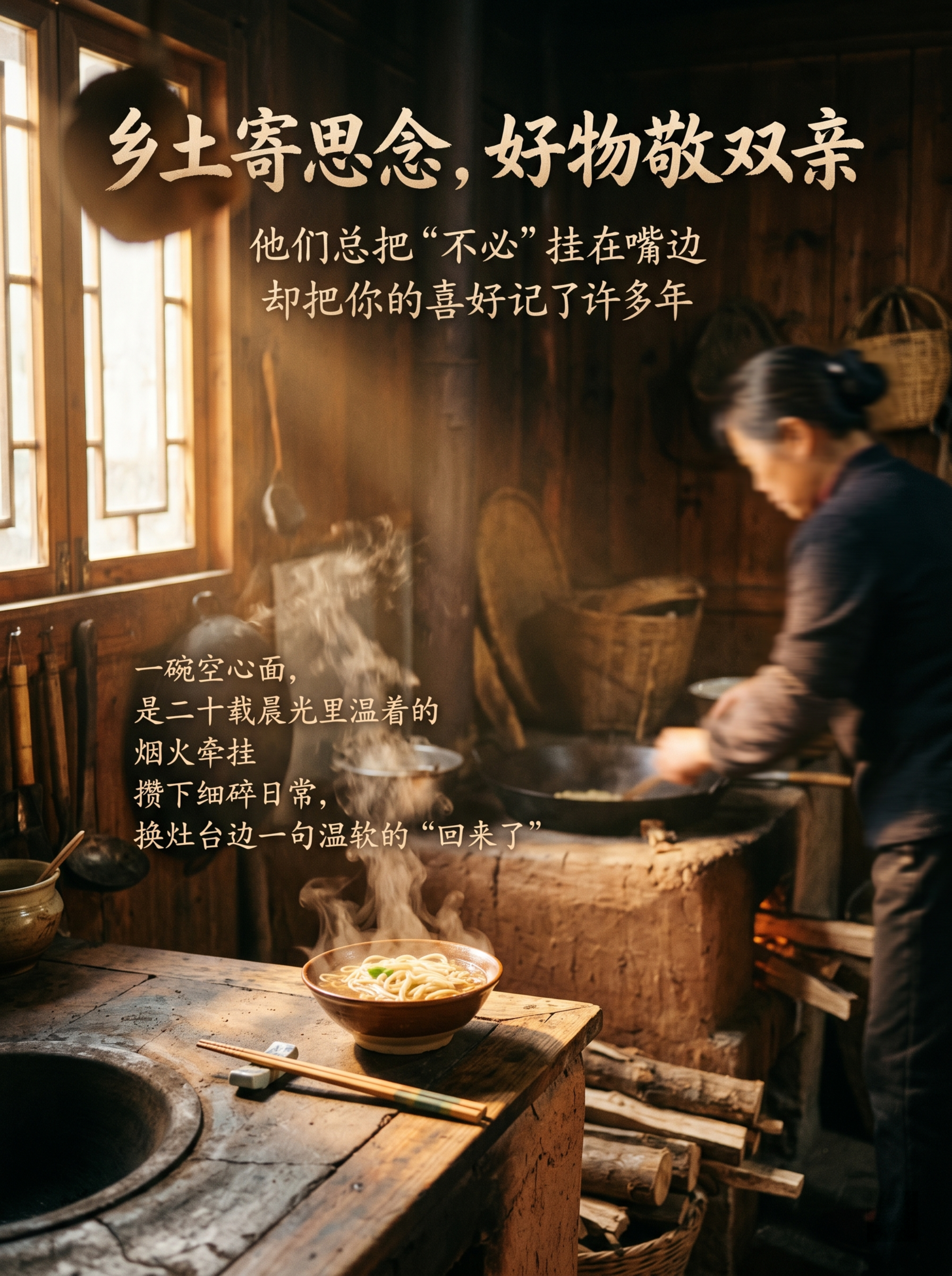 温暖治愈的怀旧摄影风格，贵州乡村老厨房，清晨阳光从木窗斜照进来… - 图片创意预览