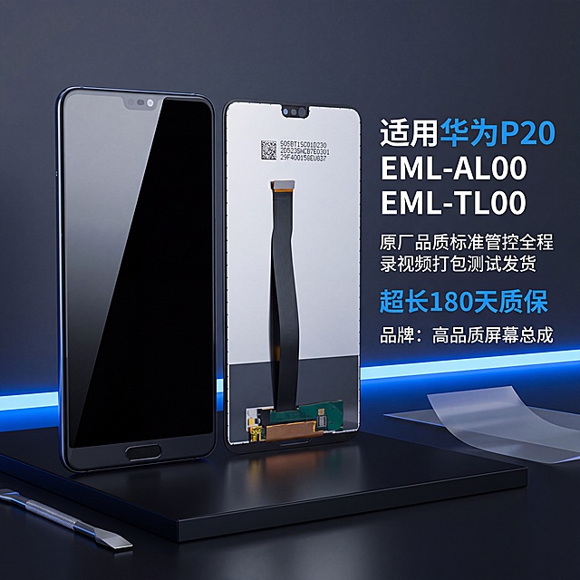 商业级产品摄影。
主体：华为P20屏幕总成占画面60%~70%、完整不裁切、绝对主导，近景贴近拍摄，手机屏幕总成严格参照上传产品图（https://gdesign-dam-hz.dancf.com/36964655156799611/ba99bb6d3428487b929d644db8ca286b.jpg），完整保留所有可见组件、部件、轮廓、结构、比例、材质、颜色与产品本体上的文字信息，与上传图完全一致；清除产品本体之外的卖点、水印、价格、排版角标、装饰边框等营销信息；画面中不得带有“赠品”相关文字信息；包含文字"适用华为P20 EML-AL00 EML-TL00"，"原厂品质标准管控全程录视频打包测试发货"，"超长180天质保"，"品牌：高品质屏幕总成"。
构图：三分构图，偏左产品，文字居右，微俯视角。
风格：简约科技风。
场景概念：科技感电商主图展示，干净暗调背景。
承载与空间：①黑色磨砂亚克力台面，纯黑色，细腻磨砂；②背景：渐变深灰蓝色背景，干净简洁。
陪衬物：①台面左下方，银色金属拆机撬片，银色不锈钢；②台面右后方，半透明防静电包装膜局部，半透无色；③后方居中，蓝色LED氛围灯带，浅蓝色光。
配色：主色调60%纯黑色，辅助色25%深灰蓝，点缀色15%银色/浅蓝；画面实际颜色4种：黑色/深灰蓝/银色/浅蓝。
材质：画面实际材质5种：亚克力/不锈钢/塑料/包装膜/led灯带。
光影：主光正面环形柔光，产品正面均匀照亮，暗部柔和，产品边缘蓝色轮廓光；玻璃屏幕通透反光，金属部件高光反射。
参考图https://2.jpg的结构和布局，保留参考图左文右图骨架，相似度50%，不100%雷同。
4K 写实光追，严格锁定宽高比为 1:1。