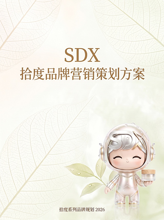 基于原图进行文字修改：将主标题'SDX拾度品牌营销策划方案'改为分行显示——上行为'SDX'，下行为'拾度品牌营销策划方案'；将底部文字'拾小度系列品牌规划 2024'改为'拾度系列品牌规划 2026'；其余画面元素（IP形象、叶脉底纹、配色、氛围）保持不变。高分辨率，4K输出。