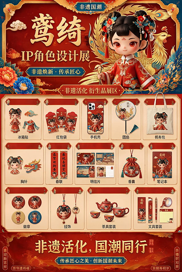 根据图中IP角色鸢绮及现有排版风格，拓展生成不少于12个IP周边设计，包括但不限于：盲盒手办、文创钥匙扣、丝巾印花、书签、冰箱贴、红包袋、手机壳、团扇、帆布包、胸针、春联、明信片、香囊、笔记本、徽章、挂饰、茶具套装、文具套装等，要求延续非遗国潮风格，画面统一协调，角色形象不崩坏，文字清晰可读，整体布局美观有序