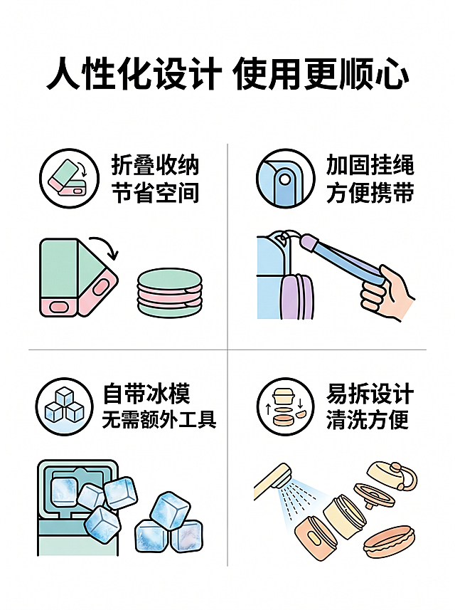 [第9屏] 人性化设计总结-四个核心优势图标总结。
[氛围/风格] 简约信息风，清晰直观，明快清新
[元素布局] 顶部主标题，下方四个图标+卖点排列成2×2网格，分别对应：可折叠、便携挂绳、自带冰模、易清洗，每个卖点对应产品局部细节参考原图，保持产品颜色结构一致
[光影质感] 整体均匀布光，图标和文字清晰，没有死黑阴影
[配色色系] 全局底色 #ffffff，图标采用产品对应马卡龙色，文字黑色清晰可读
[视角构图] 信息卡片居中构图，网格排列整齐
[文字版式] 顶部主标题「人性化设计 使用更顺心」，每个图标旁标注卖点名称：「折叠收纳 节省空间」「加固挂绳 方便携带」「自带冰模 无需额外工具」「易拆设计 清洗方便」，每个卖点文字简洁，字号适配移动端
[比例分辨率] 3:4竖版比例，4K分辨率，文字清晰可辨，高清画质
[负向提示词] 排版混乱，文字过小，图标模糊，颜色不协调