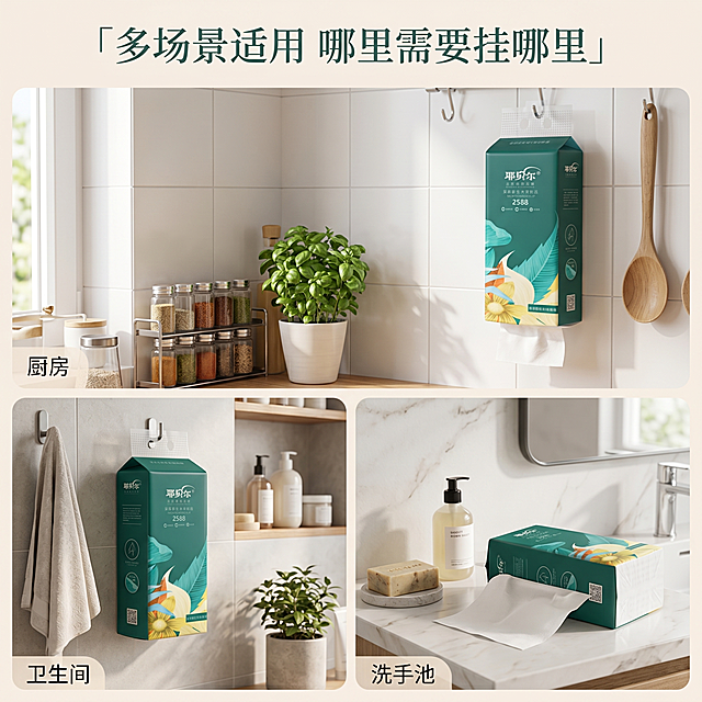 [第5屏] 多场景使用展示，本屏使用【图1】作为产品主体
[氛围/风格] 温馨生活场景风，真实家居氛围，柔和舒适质感
[元素布局] 三格拼图排版，分别展示三个适用场景：上方悬挂在厨房墙面，左下悬挂在卫生间墙面，右下放置在洗手池旁；每个场景占对应格子，产品在每个场景中都自然融入环境，每个场景保留真实家居环境元素
[光影质感] 每个场景使用符合场景的自然光线，厨房明亮、卫生间柔和、洗手池清新，整体光影统一自然
[配色色系] 整体色调清新柔和，延续产品墨绿色 #2D6A4F为主色，每个场景搭配对应环境自然色，全局底色统一浅调
[视角构图] 三格拼图等分构图，每个场景独立展示，整体平衡协调
[文字版式] 顶部总标题「多场景适用 哪里需要挂哪里」，每个场景标注对应名称「厨房/卫生间/洗手池」；标题清晰，标注不遮挡产品
[比例分辨率] 1:1正方形比例，4K分辨率，高清画质
[负向提示词] 场景拼接混乱，产品变形，颜色偏差，文字错乱，水印