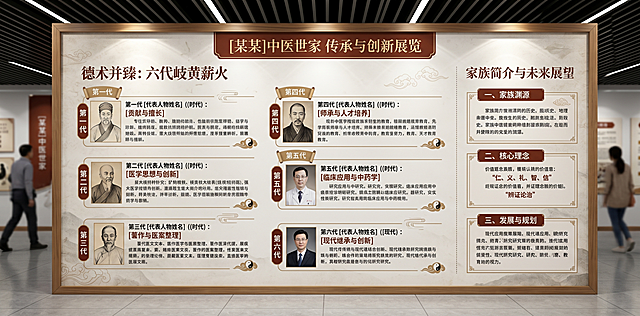 重新设计2.4m*1.2m中医展板，重点重新排版左侧传承部分，六代内容重新排布，保持整体左右分栏（左传承六代、右简介三板块），仍以文字为主，版面简洁，保持年代感，突出内容可读性。
