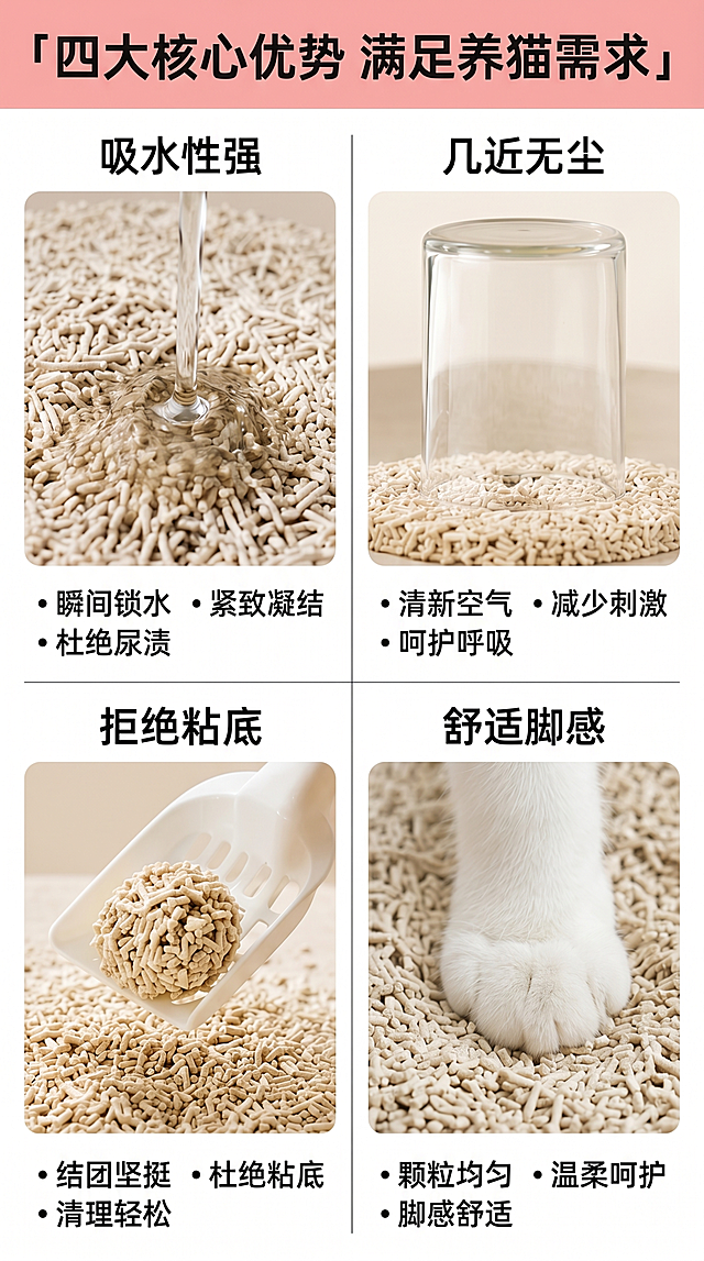 [第3屏] 核心卖点四宫格解析页。展示吸水性强、几近无尘、拒绝粘底、舒适脚感四大核心优势。本屏使用【图5】拆分细节。
[氛围/风格] 清晰直观卖点展示，清新简约风格，图文结合。
[元素布局] 2×2四宫格排版，每个格子展示一个核心卖点，分别放入对应细节实拍图，下方配文字说明。每个格子之间用细白线分隔，整齐清晰。
[光影质感] 每个格子均匀布光，产品细节清晰可见，真实展示产品特点。
[配色色系] 全局底色 #FFFFFF；主色樱花粉色标题栏；文字深灰，整体干净清爽。
[视角构图] 四宫格平面构图，每个格子大小均匀，信息分布均衡。
[文字版式] 顶部总标题「四大核心优势 满足养猫需求」，每个格子主图上方标注卖点标题：「吸水性强」「几近无尘」「拒绝粘底」「舒适脚感」，文字大小适中，清晰易读。
[比例分辨率] 9:16 竖版比例，4K分辨率，文字清晰可辨，高清画质。
[负向提示词] 格子大小不均，文字遮挡产品，图片模糊，卖点文字错误。