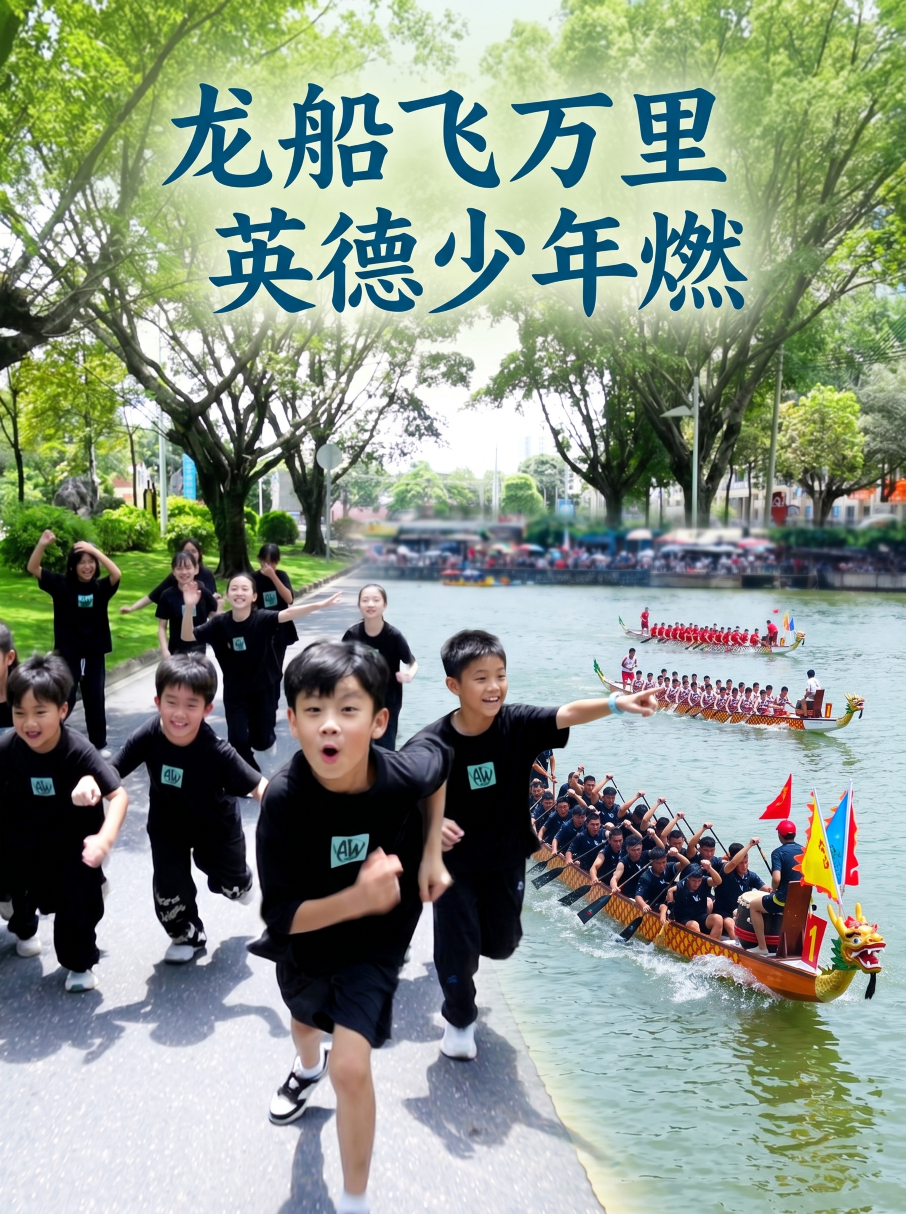 将赛龙舟图片和奔跑少年图片巧妙融合，制作3:4比例封面，顶部添… - 图片创意预览