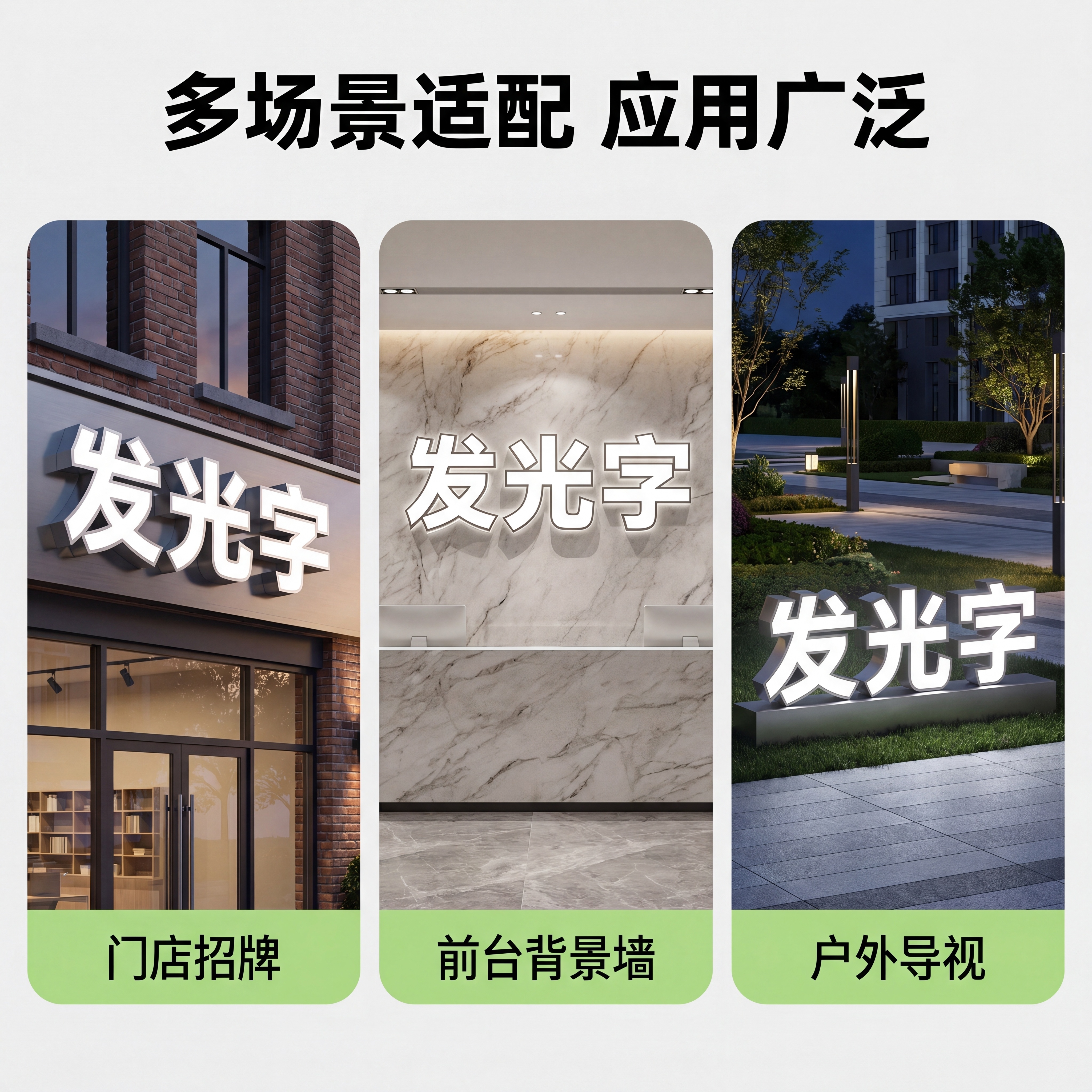 [主图-4] 不锈钢包边发光字多场景应用展示图。[氛围风格]… - 图片创意预览