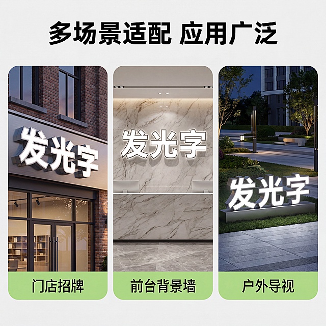 [主图-4] 不锈钢包边发光字多场景应用展示图。[氛围风格] 真实应用场景展示，增强客户信任感。[画质] 商业摄影质感、光线柔和通透、产品清晰真实、画面干净高级。[元素] 三宫格拼图展示不同场景应用，每个场景都是不锈钢包边发光字的实际安装效果，保持产品本身外观与输入产品一致。第一张展示门店招牌安装效果，第二展示公司前台背景墙发光字，第三展示户外广场导视牌发光字。三个宫格大小一致，统一圆角样式和标题条。画面整体干净，不杂乱。[光影] 每个场景都为真实自然光效果，光影自然，发光字在夜晚/暗光环境下效果清晰自然。[配色] 保持每个场景原有真实色调，统一浅灰色外背景，文字使用黑色清晰可读。[视角构图] 三宫格排版，每个场景一张图，布局均衡整齐，符合平台展示规范。[文字版式] 顶部大标题写"多场景适配 应用广泛"加粗黑色大字。每个宫格底部用浅绿底白字标注场景名称：分别标注"门店招牌"、"前台背景墙"、"户外导视"。文字简洁清晰，不遮挡场景主体。[比例分辨率] 1:1 比例，4k 分辨率；文字清晰锐利，画面超高清。[负向提示词] 变形，文字错乱，产品图模糊，背景杂乱，水印，电商平台Logo。