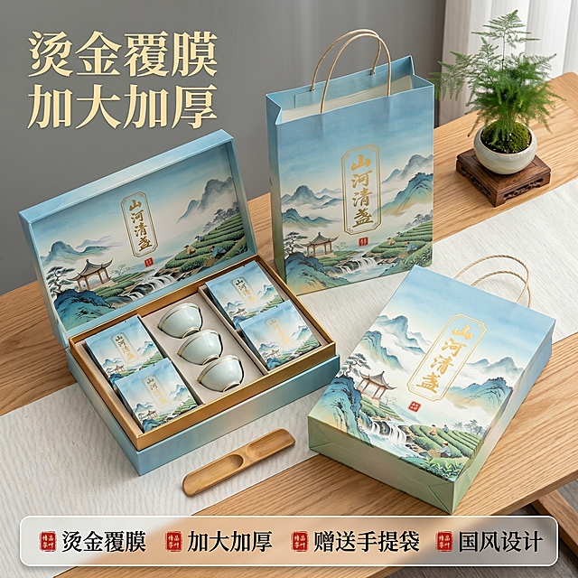 [主图-2] 茶叶礼盒细节展示与卖点全家福主图
[氛围风格] 新中式质感场景，高端雅致风格
[画质] 商业摄影质感、光线柔和通透、产品清晰真实、画面干净高级
[元素] 山河清盏茶叶礼盒打开平放，展示内部产品：礼盒本体、配套手提袋、独立茶包、茶具配件整齐摆放，全部展示清晰。保持山河清盏茶叶礼盒的外观、烫金覆膜工艺、颜色、山水图案设计与输入产品图绝对一致，杜绝任何变形和色差，精细化处理。背景为浅原木茶桌，后方点缀一小盆文竹，清新雅致。特写展示礼盒封面烫金文字与国风山水细节，体现烫金覆膜工艺品质。商品主体占比70%左右，画面整体干净通透
[光影] 柔和均匀的桌面自然光，突出烫金工艺的光泽感和覆膜的质感，细节清晰明亮，没有硬阴影
[配色] 主色调为淡青蓝，搭配原木浅棕和文竹翠绿，整体配色协调统一，符合国风调性
[视角构图] 略微俯视，整体全家福构图，所有配件清晰可见，布局错落不拥挤
[文字版式] 顶部左对齐，大字标注烫金覆膜 加大加厚，浅金粗体字；底部半透明悬浮条横向排列四个卖点，依次为：烫金覆膜 加大加厚 赠送手提袋 国风设计，每个卖点配小印章图标，白色文字清晰可读
[比例分辨率] 1:1 比例，4k分辨率，文字清晰锐利，画面超高清
[负向提示词] 变形，文字错乱，产品图模糊，背景杂乱，水印，电商平台Logo，摆放拥挤