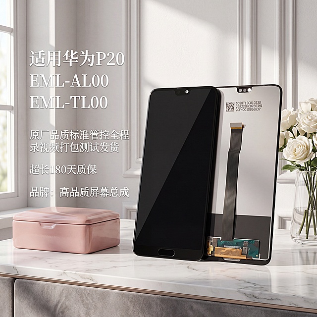 商业级产品摄影。
主体：华为P20屏幕总成占画面60%~70%、完整不裁切、绝对主导，近景贴近拍摄，手机屏幕总成严格参照上传产品图（https://gdesign-dam-hz.dancf.com/36964655156799611/ba99bb6d3428487b929d644db8ca286b.jpg），完整保留所有可见组件、部件、轮廓、结构、比例、材质、颜色与产品本体上的文字信息，与上传图完全一致；清除产品本体之外的卖点、水印、价格、排版角标、装饰边框等营销信息；画面中不得带有“赠品”相关文字信息；包含文字"适用华为P20 EML-AL00 EML-TL00"，"原厂品质标准管控全程录视频打包测试发货"，"超长180天质保"，"品牌：高品质屏幕总成"。
构图：黄金分割构图，微侧40°平视。
风格：法式优雅。
场景概念：化妆台一角，下午窗边自然光。
承载与空间：①白色大理石台面，白色大理石带浅灰纹理；②背景：石膏线造型墙，石膏白色。
陪衬物：①台面左前方，一个玫瑰粉色陶瓷首饰盒，玫瑰粉色陶瓷；②台面右后方，透明玻璃小花瓶插白色玫瑰，透明玻璃，白色花瓣；③台面边缘，一块丝绒灰色桌垫，灰色丝绒。
配色：主色调60%石膏白，辅助色25%玫瑰粉，点缀色15%象牙白/灰色；画面实际颜色4种：石膏白/玫瑰粉/象牙白/灰色。
材质：画面实际材质5种：大理石/陶瓷/玻璃/丝绒/石膏。
光影：主光从左侧窗边柔光，产品正面明亮均匀；辅光为大理石台面反光，轮廓光柔和，玻璃通透折射，部件哑光反光。
参考图https://2.jpg的结构和布局，保留参考图左文右图骨架，相似度50%，不100%雷同。
4K 写实光追，严格锁定宽高比为 1:1。