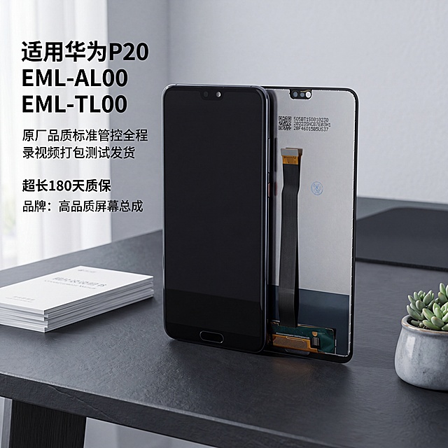 商业级产品摄影。
主体：华为P20屏幕总成占画面60%~70%、完整不裁切、绝对主导，近景贴近拍摄，手机屏幕总成严格参照上传产品图（https://gdesign-dam-hz.dancf.com/36964655156799611/ba99bb6d3428487b929d644db8ca286b.jpg），完整保留所有可见组件、部件、轮廓、结构、比例、材质、颜色与产品本体上的文字信息，与上传图完全一致；清除产品本体之外的卖点、水印、价格、排版角标、装饰边框等营销信息；画面中不得带有“赠品”相关文字信息；包含文字"适用华为P20 EML-AL00 EML-TL00"，"原厂品质标准管控全程录视频打包测试发货"，"超长180天质保"，"品牌：高品质屏幕总成"。
构图：居中构图，微侧15°平视，视线高度平齐产品中心。
风格：现代轻奢。
场景概念：电子维修工作台一角，工作日上午自然光。
承载与空间：①黑色岩板桌面，深炭灰，哑光岩质纹理；②背景：浅灰色乳胶漆墙面，简洁干净。
陪衬物：①桌面左侧，一叠白色说明书，铜版纸，米白色；②桌面右侧，一小盆绿色多肉盆栽，陶瓷灰盆，浅灰色；③后方角落，一个黑色防滑橡胶垫，哑光黑色。
配色：主色调60%深炭灰，辅助色25%浅灰，点缀色15%米白/绿色；画面实际颜色4种：深炭灰/浅灰/米白/绿色。
材质：画面实际材质5种：岩板/乳胶漆/铜版纸/陶瓷/橡胶。
光影：主光从左侧侧窗45°柔和自然光射入，照亮产品正面；辅光为桌面浅色反射补光；产品边缘有柔和轮廓光切分；玻璃屏幕通透折射，金属连接件哑光柔反。
参考图https://2.jpg的结构和布局，保留参考图左文右图骨架，相似度50%，不100%雷同。
4K 写实光追，严格锁定宽高比为 1:1。