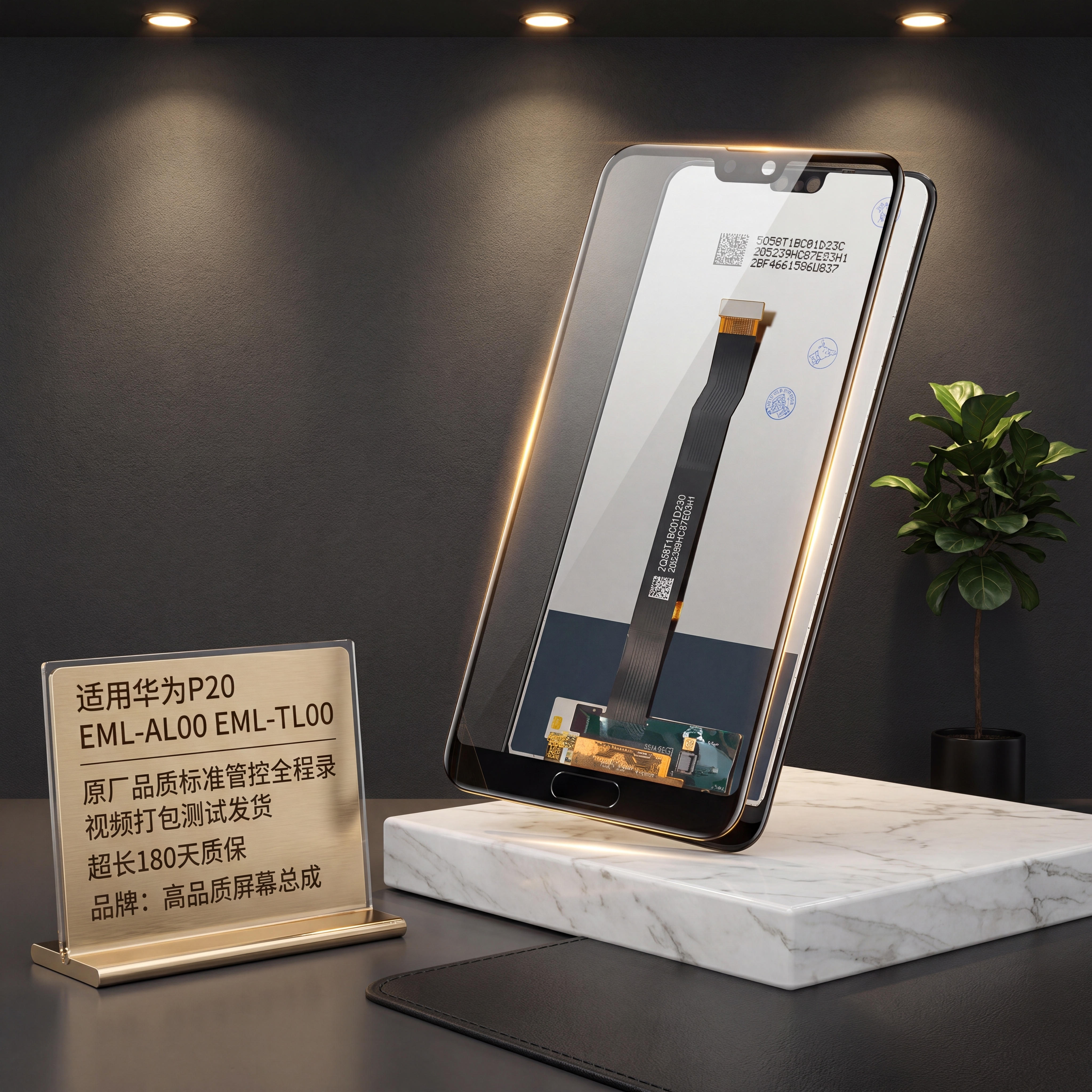 商业级产品摄影。 主体：华为P20屏幕总成占画面60%~70%… - 图片创意预览