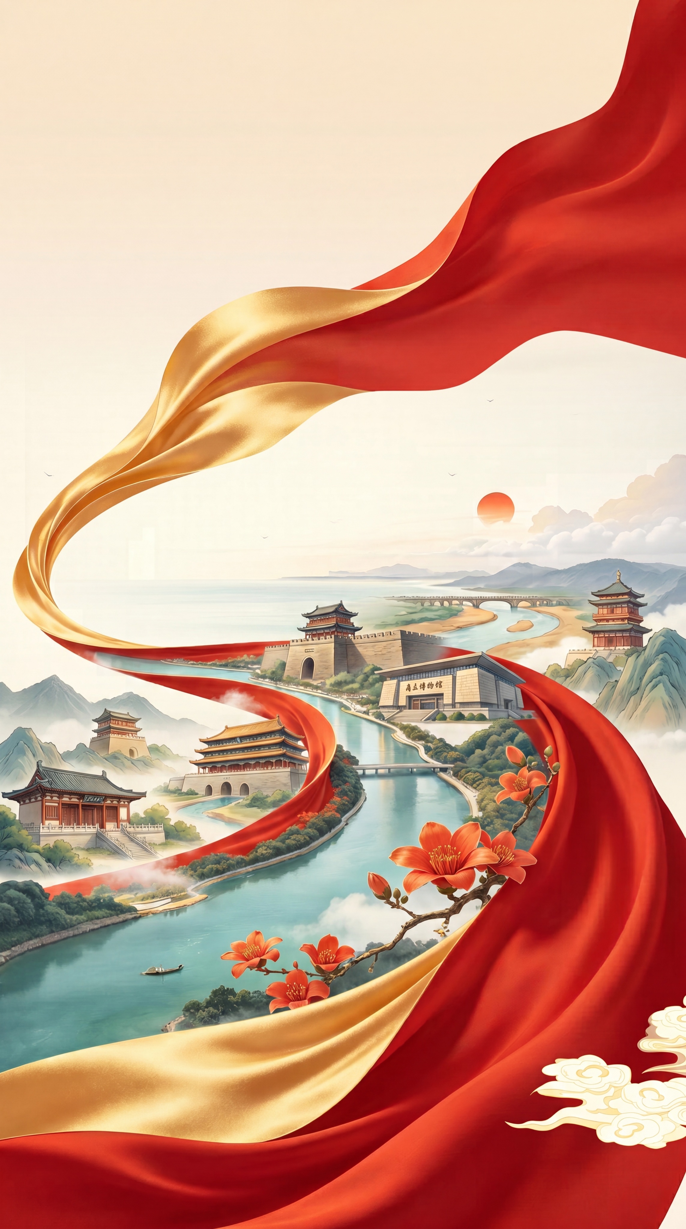 参考原图的国风党建风格，保留红金渐变丝绸飘带、木棉花、祥云、红… - 图片创意预览