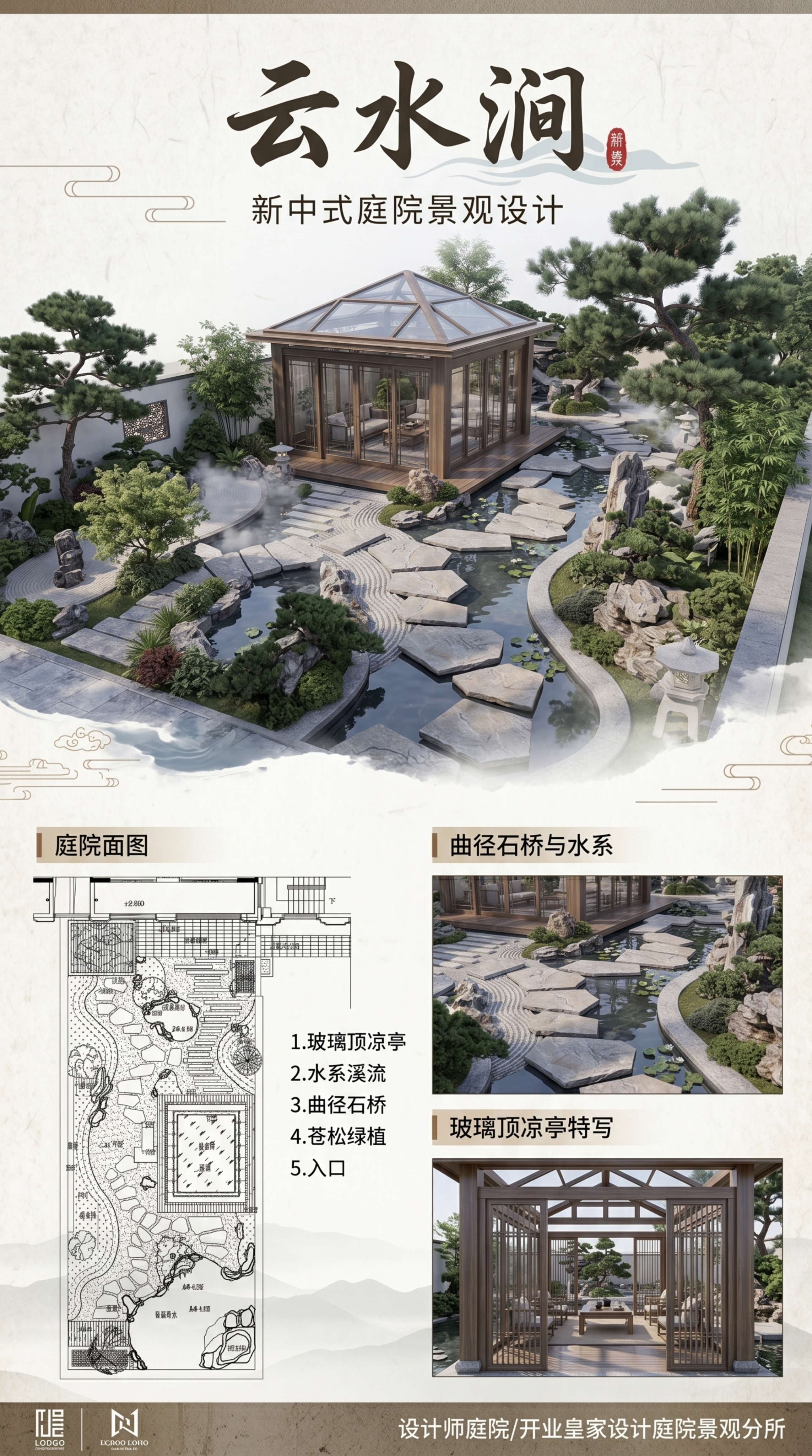 生成一张室外展板图，标题为"云水涧"，展示新中式庭院景观，包含… - 图片创意预览