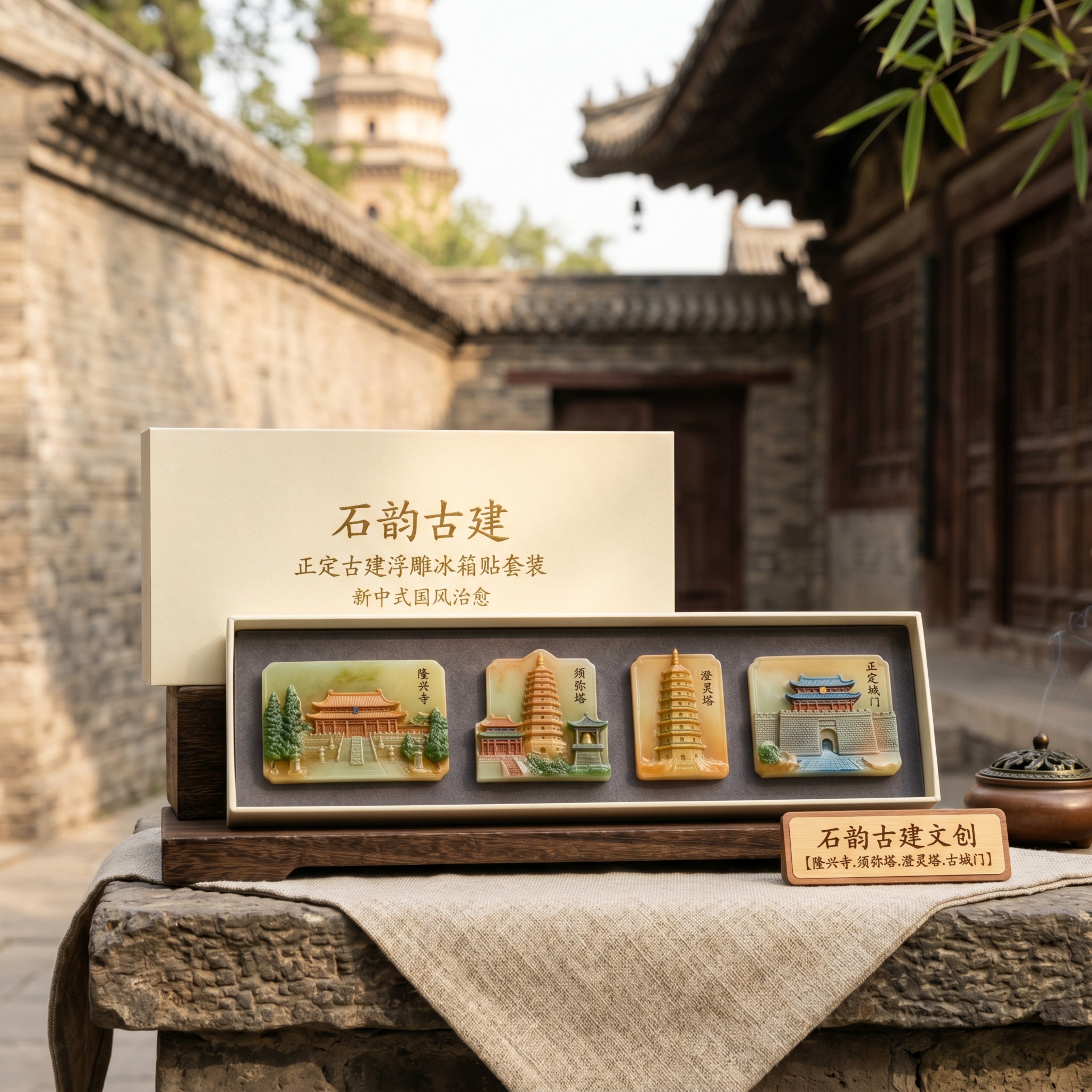 石韵古建新中式文创产品展示，正定古建浮雕冰箱贴套装，AIGC渲… - 图片创意预览
