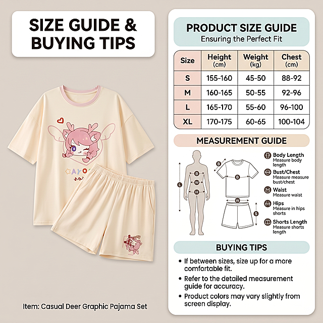 [第10屏] Size Guide & Buying Tips. [Title Format] Top-left title, card style layout, clear information. [Atmosphere/Style] Clean professional, reliable information display. [Element Layout] Left side places [image1] flat pajama display, right side is size information card