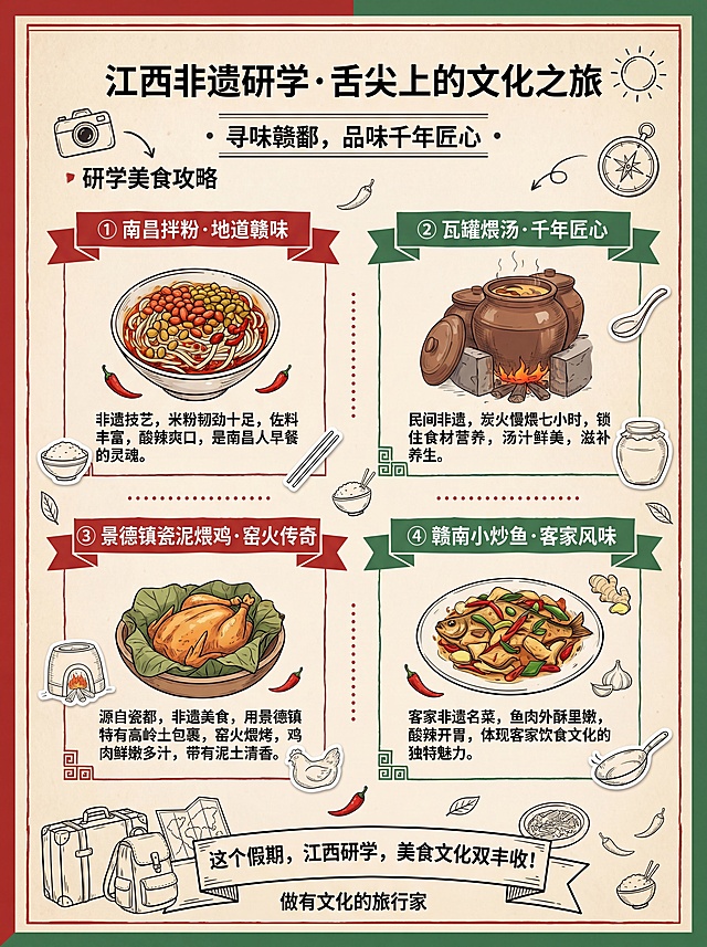 江西非遗研学美食攻略图，介绍江西当地特色美食，排版清新，搭配手绘美食贴纸，参考参考图的排版和手绘贴纸风格，米黄色复古底，红绿配色，研学旅游风格，整体风格一致，比例3:4