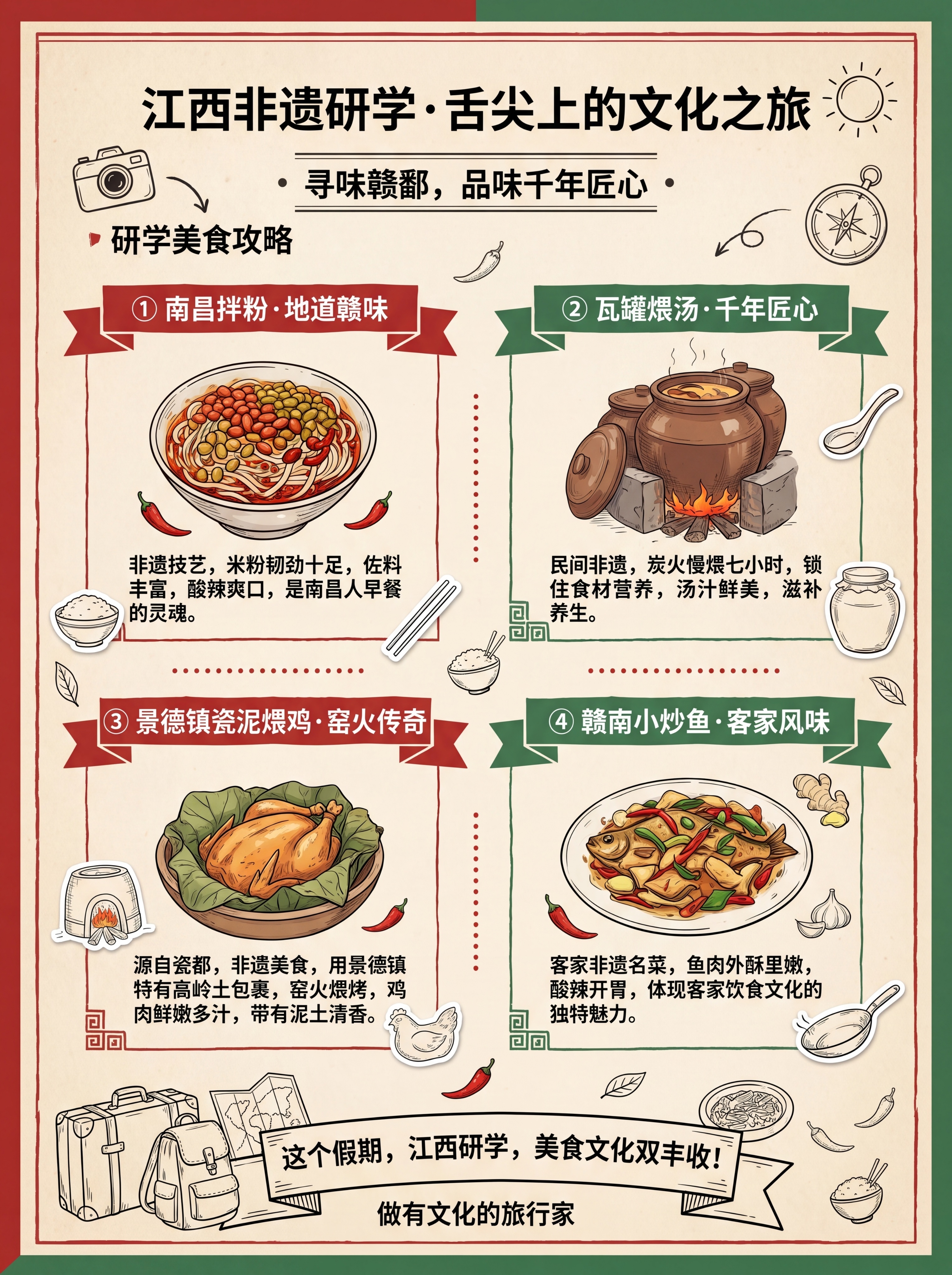 江西非遗研学美食攻略图，介绍江西当地特色美食，排版清新，搭配手… - 图片创意预览