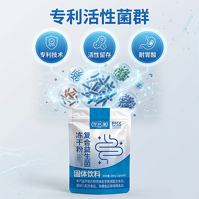 「图片1」，生成电商主图（10张），商品名称是复合益生菌冻干粉，卖点是配方升级，全家适用，专利菌群，保险背书，专业正品，甄选原料，适配淘宝/天猫平台，主图比例为1:1