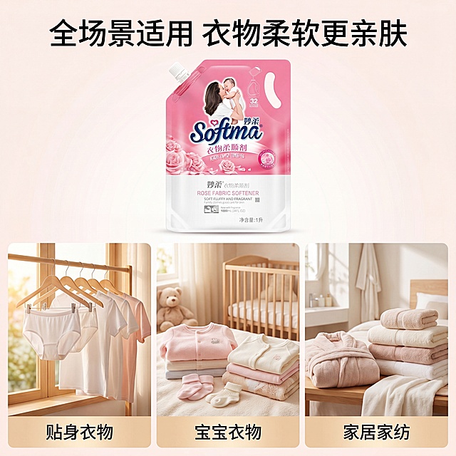 [主图-4] 衣物柔顺剂多适用场景宫格展示图。
[氛围风格] 温馨生活代入感，真实日常家居场景。
[画质] 商业摄影质感、光线柔和通透、产品清晰真实、画面干净高级。
[元素] 上方居中展示完整妙柔柔顺剂产品，保持产品外观与原图一致；下方三宫格分别展示三个适用场景：1. 晾晒后的柔软棉衣物 2. 宝宝贴身衣物 3. 居家毛巾床品，每个场景都清新自然，突出产品使用效果。整体风格统一，光影一致。商品主体完整展示，占比合理。
[光影] 整体采用自然家居柔光，每个小场景光线均匀真实，氛围感统一。
[配色] 主粉色产品，场景搭配浅暖木色和浅白色，温馨协调。
[视角构图] 上产品下宫格版式，结构清晰，分区明确。
[文字版式] 顶部主标题「全场景适用 衣物柔软更亲肤」，每个小场景角落标注场景名称：贴身衣物 / 宝宝衣物 / 家居家纺，字体小巧清晰不遮挡场景内容。
[比例分辨率] 1:1 比例，4k 分辨率；文字清晰锐利，超高清。
[负向提示词] 变形，文字错乱，产品图模糊，背景杂乱，水印，电商平台Logo