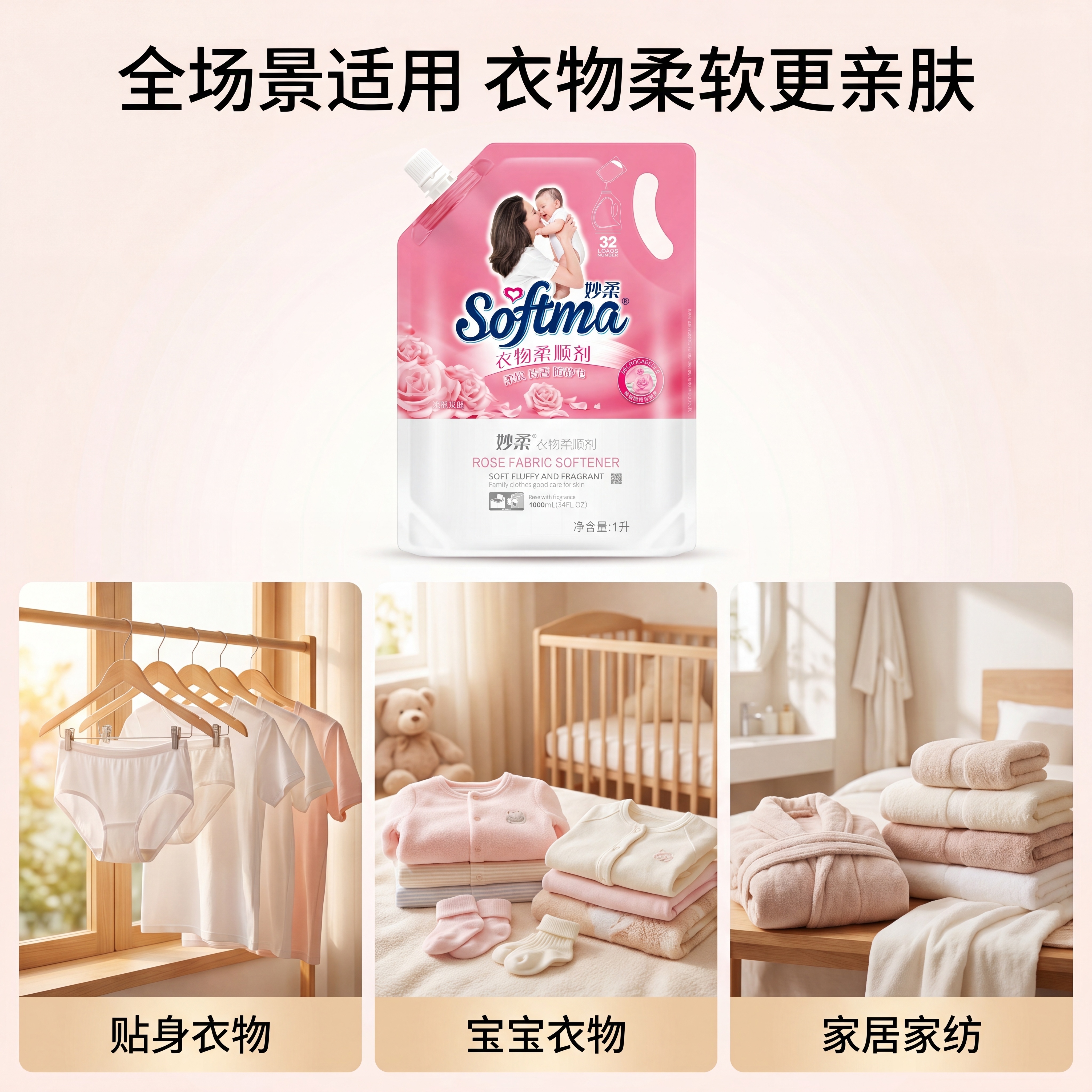 [主图-4] 衣物柔顺剂多适用场景宫格展示图。 [氛围风格]… - 图片创意预览
