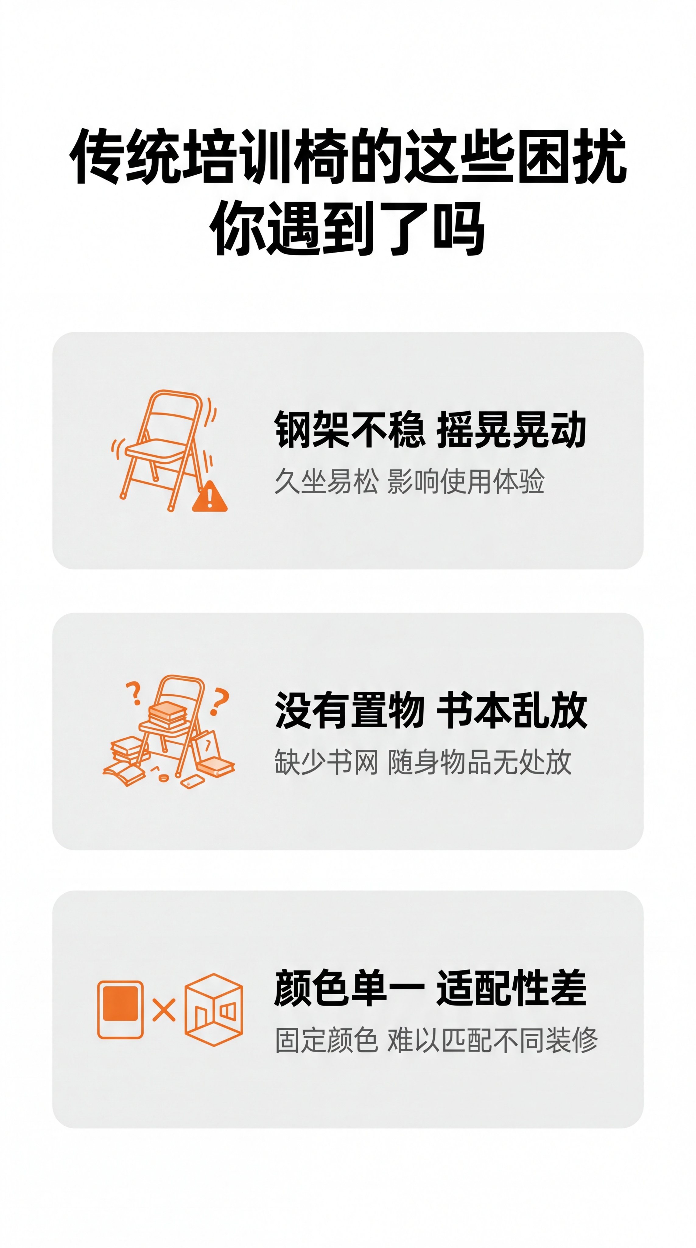 [第2屏] 痛点直击页，分析传统培训椅常见问题。无需产品图。… - 图片创意预览