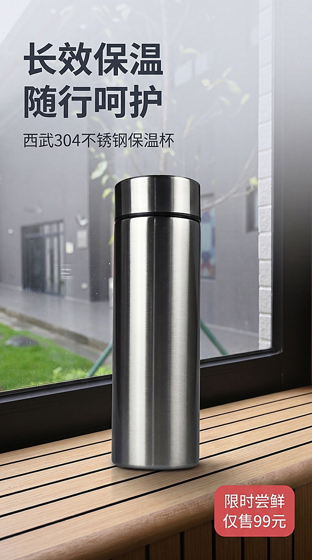 [第1屏] 详情页头图-西武保温杯618促销海报，本屏使用【图2】作为商品主体，【图9】作为场景参考。
[氛围/风格] 简约高级商务风，清冷质感，商业摄影质感，整体干净高级。
[元素布局] 银色西武保温杯放置在画面中下位置，占比约65%；左上角预留主标题区域，右下角放置促销价格标签，背景为简约浅灰色渐变墙面搭配窗边木纹台面；保持保温杯的物理结构、拉丝不锈钢材质、颜色与输入产品图一致。
[光影质感] 顶部柔和主光，左侧补充辅光，杯身保留清晰拉丝金属高光，底部自然投影，整体明暗层次分明，产品清晰真实。
[配色色系] 全局底色 #F5F5F5，主体为银色不锈钢 + 黑色杯盖，辅助色为深灰文字、浅红价格标签。
[视角构图] 正面平视，保温杯为视觉中心，阅读动线左上标题 → 中部产品 → 右下价格，构图稳定舒适。
[文字版式] 版式为左上标题 + 中部产品 + 右下价格标签。主标题「长效保温 随行呵护」，副标题「西武304不锈钢保温杯」，均为左对齐无衬线字体；右下角圆角红色标签标注"限时尝鲜 仅售99元"，文字清晰不遮挡主体产品。
[比例分辨率] 9:16，4K，文字清晰可辨。
[负向提示词] 杯身变形，缺件错件，颜色偏差，水印，文字错乱，产品图模糊，背景杂乱，文字过小。