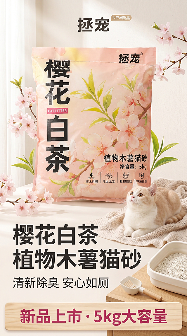 [第1屏] 详情页头图-樱花白茶植物木薯猫砂新品宣传海报。本屏使用【图3】作为商品主体。
[氛围/风格] 温馨清新家居风，浅暖米调背景，柔和樱花粉点缀，商业实景摄影质感。
[元素布局] 猫砂包装袋放置画面中心偏上位置，占比约65%；旁边搭配猫咪和浅粉色樱花装饰，底部放置信息条。保证包装上产品名称、规格和图案与输入图保持一致。
[光影质感] 左侧自然柔光照射，右侧柔和阴影，整体光线通透，突出包装的清新设计和产品质感。
[配色色系] 全局底色 #FAF6F3；主色浅樱花粉；辅助色暖米白、嫩叶绿；整体配色清新呼应樱花主题。
[视角构图] 正面平视角度，产品为绝对视觉中心，阅读动线从上到下自然流畅。
[文字版式] 顶部品牌区+中心产品+底部信息条。主标题「樱花白茶 植物木薯猫砂」，副标题「清新除臭 安心如厕」，底部信息条标注「新品上市 · 5kg大容量」，文字清晰不遮挡产品主体，层级分明。
[比例分辨率] 9:16 竖版比例，4K分辨率，文字清晰可辨，高清画质。
[负向提示词] 包装变形，文字错乱，缺件错件，颜色偏差，水印，产品图模糊，背景杂乱。