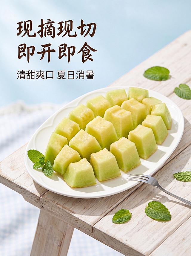 [第4屏] 哈密瓜即食切块展示场景。本屏使用【图3】的切块素材。
[氛围/风格] 清新日常野餐风，自然光线，干净通透，突出方便即食的场景感。
[元素布局] 白色陶瓷盘子盛放切好的哈密瓜方块，置于原木餐桌，旁边点缀叉子和薄荷叶，哈密瓜切块占画面约60%，整体层次分明，前景桌面，中景果盘，背景浅蓝柔化衬托。
[光影质感] 左侧柔和自然光，盘子下方自然阴影，整体清新干净，果肉光泽自然呈现。
[配色色系] 全局底色 #F5FBFF；主色白色餐具原木色桌面；辅助色绿色薄荷叶，深棕色文字。
[视角构图] 45度斜俯视构图，果盘居中，阅读动线自然流畅。
[文字版式] 左上角主标题「现摘现切 即开即食」，副标题「清甜爽口 夏日消暑」，保持书法字体风格，文字不遮挡果盘主体，保持统一字形和字色。
[比例分辨率] 3:4竖版比例，4K分辨率，文字清晰可辨，高清画质。
[负向提示词] 果块变形，颜色失真，文字错乱，水印，背景杂乱。