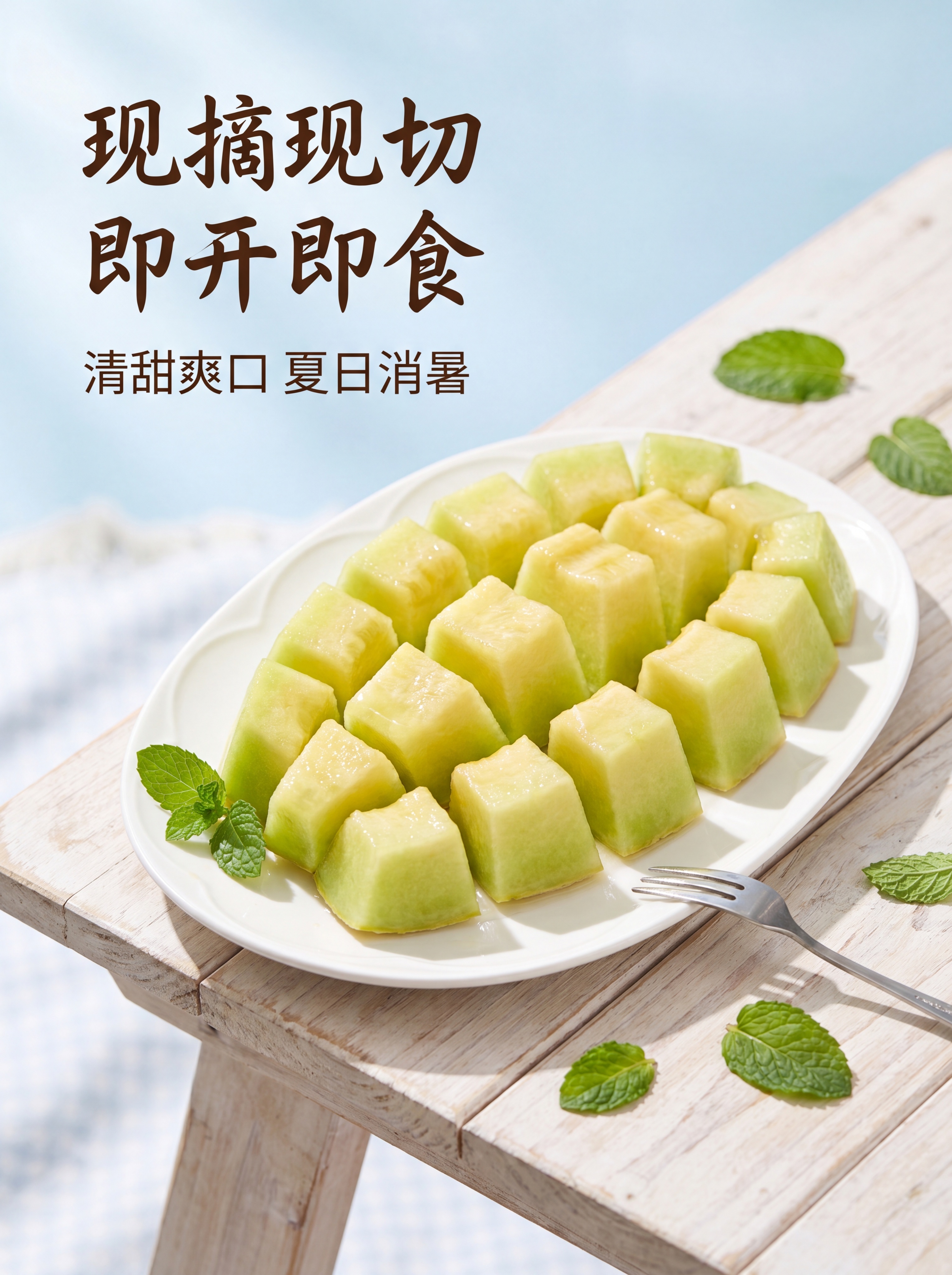 [第4屏] 哈密瓜即食切块展示场景。本屏使用【图3】的切块素材… - 图片创意预览