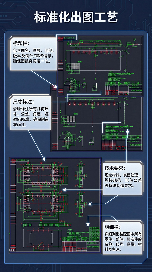 [第4屏] 核心工艺展示-标准化出图流程解析，本屏使用【图1】和【图6】展示完整的图纸结构。
[氛围/风格] 专业解析风，科技感深蓝背景，流程清晰可视化
[元素布局] 顶部标题，中部展示图纸完整标注体系，分区块讲解标题栏、尺寸标注、技术要求、明细栏四个核心部分，每个部分引线标注说明
[光影质感] 图纸区域亮度提高，标注说明区域浅色底突出文字，整体层次分明
[配色色系] 全局底色 #1E293B，主色深蓝，图纸保留原图红绿标注配色，说明文字白色清晰可见
[视角构图] 竖向构图，图纸占主体约65%，说明区域分布两侧，不遮挡核心内容
[文字版式] 主标题「标准化出图工艺」，每个分区添加简短说明标题，文字清晰不重叠，尺寸标注保留原图内容
[比例分辨率] 9:16 竖版比例，4K分辨率，文字清晰可辨，高清画质
[负向提示词] 图纸变形，标注错乱，结构错误，文字模糊