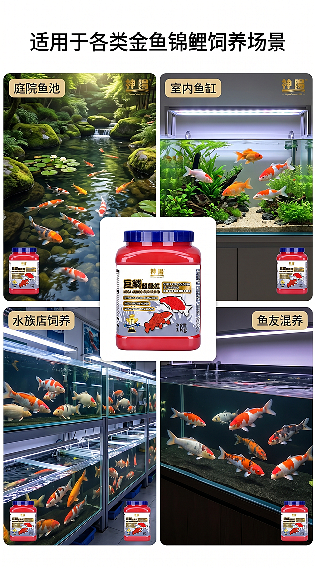 [第5屏] 多场景使用展示-巨鳞超级红适用场景拼图。本屏使用【图1】产品图。
[氛围/风格] 生活场景展示风，自然真实，氛围感强
[元素布局] 2×2四格拼图，分别展示：庭院鱼池、室内鱼缸、水族店饲养、鱼友混养四个场景，每个场景都有锦鲤活动，产品标识放在对应场景角落；中心留出位置放置产品主图【图1】，占比约20%；每个场景展示产品适配性
[光影质感] 每个场景自然真实光照，整体明暗协调，产品清晰突出
[配色色系] 全局底色 #FFFFFF；主色自然水草绿色，辅助色红色产品点缀
[视角构图] 四宫格拼图布局，中心产品，四格场景，信息丰富不拥挤
[文字版式] 顶部主标题「适用于各类金鱼锦鲤饲养场景」，每个场景角落标注场景名称，文字不遮挡主体
[比例分辨率] 9:16 竖版比例，4K分辨率，文字清晰可辨，高清画质
[负向提示词] 场景拼接混乱，产品变形，文字过小，水印