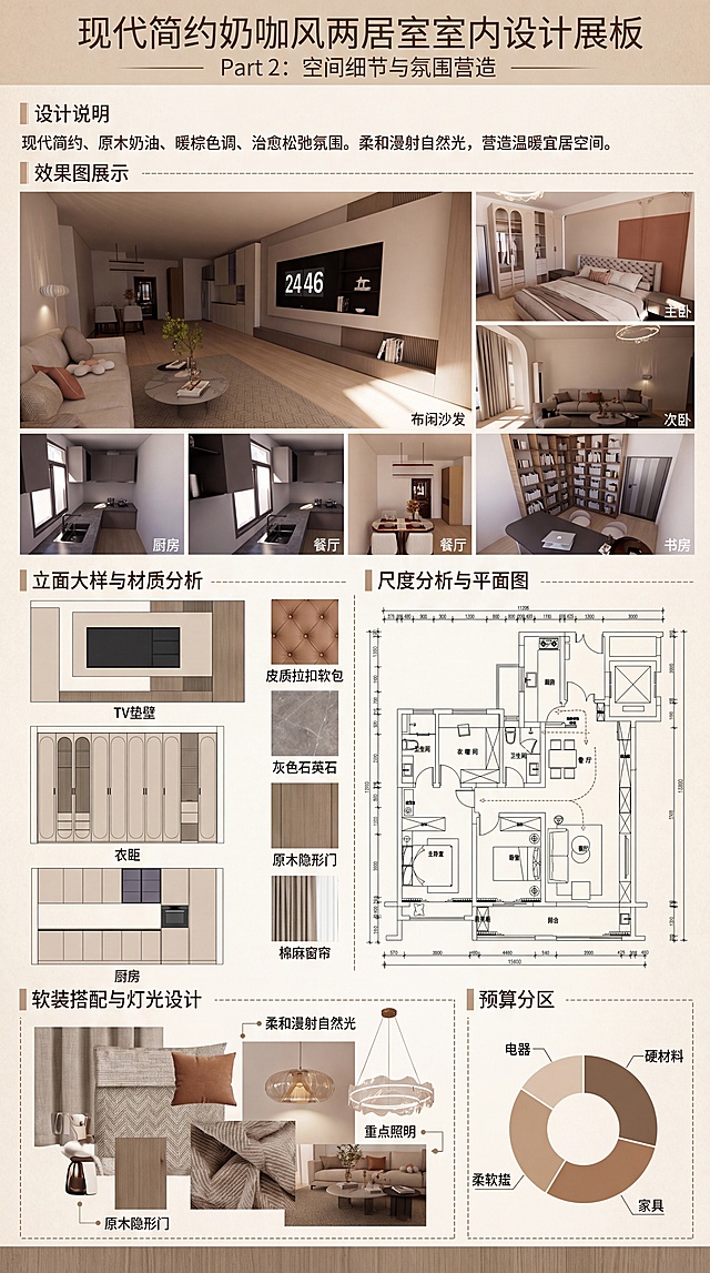 现代奶咖风两居室室内设计展板第二张，整体采用现代简约原木奶油风风格，主色调为米白+原木暖棕+浅奶咖，松弛治愈温暖氛围。画面由更多空间细节效果图与分析图拼贴而成，包含皮质拉扣软包床头、玻璃透明吊灯、灰色石英石台面、布艺休闲沙发、原木隐形门，搭配棉麻窗帘装饰，光影为柔和漫射自然光，营造温暖舒适的宜居空间氛围。展板包含设计说明、效果图展示、立面大样、尺度分析、软装搭配、灯光设计、预算分区等模块，排版疏密有致，搭配细线条装饰元素，整体风格简约通透，兼具专业性与设计美感，高清渲染，细节丰富，8K分辨率。竖版展板