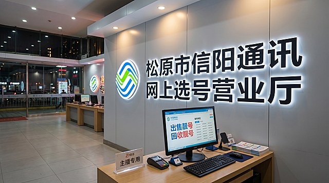 给我生成一个背景墙，用作于快手直播的背景图，画质4K，背景墙上面写上：松原市信阳通讯 网上选号营业厅，这几个字有背光效果的，大致效果可以借鉴刚才我上传的图片，但是要白光，背景墙上面还有中国移动的标识，背景图贴合目前中国移动营业厅的风格，整体大气，真实，贴合真实的场景，我要用于当直播的背景图片，所以给我留出主播的位置。「图片1」