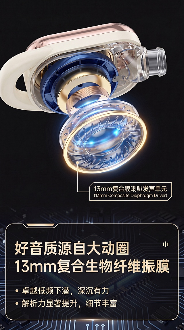 [第3屏] 核心声学结构展示页，突出13mm复合膜喇叭发声单元。本屏使用【图1】耳机主体参考外观结构。
[氛围/风格] 专业拆解科技风，结构清晰，质感通透，突出声学品质。
[元素布局] 上半部分展示耳机发声单元剖面结构，标注13mm复合膜喇叭位置与尺寸，下半部分补充文字说明；耳机整体结构、外观配色与参考图保持一致。
[光影质感] 剖面图采用分层打光，单元膜片突出光泽，边界清晰，背景柔和虚化突出主体。
[配色色系] 全局底色 #1A1A1A，主色深蓝声学结构，金色单元轮廓，白色说明文字，科技感强烈。
[视角构图] 中心构图，发声单元为视觉焦点，从上到下阅读结构说明。
[文字版式] 顶部主标题「好音质源自大动圈」，副标题「13mm复合生物纤维振膜」，下方文字说明发声单元带来的低频下潜与解析力提升，文字清晰层级分明。
[比例分辨率] 9:16竖版比例，4K分辨率，文字清晰可辨，高清画质。
[负向提示词] 结构错乱，产品变形，标注不清，文字模糊，颜色失真