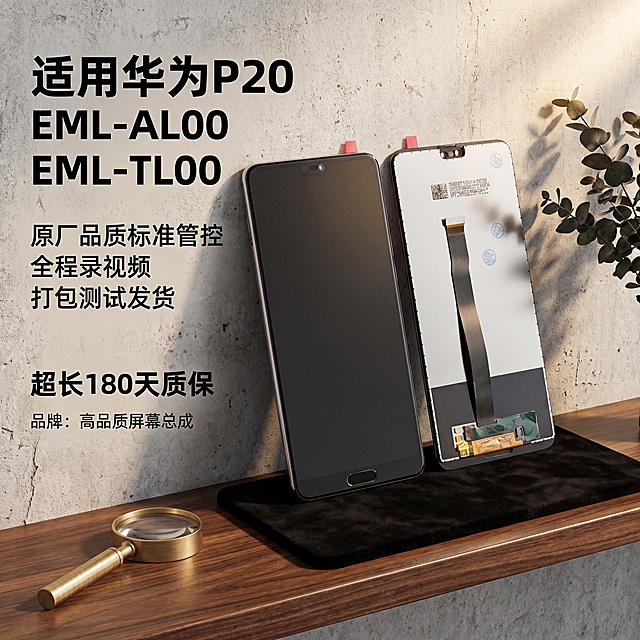 商业级产品摄影。
主体：华为P20屏幕总成占画面60%~70%、完整不裁切、绝对主导，近景贴近拍摄，手机屏幕总成严格参照上传产品图（https://gdesign-dam-hz.dancf.com/36964655156799611/ba99bb6d3428487b929d644db8ca286b.jpg），完整保留所有可见组件、部件、轮廓、结构、比例、材质、颜色与产品本体上的文字信息，与上传图完全一致；清除产品本体之外的卖点、水印、价格、排版角标、装饰边框等营销信息；画面中不得带有“赠品”相关文字信息；包含文字"适用华为P20 EML-AL00 EML-TL00"，"原厂品质标准管控全程录视频打包测试发货"，"超长180天质保"，"品牌：高品质屏幕总成"。
构图：对角线构图，微侧30°仰视视角。
风格：复古雅致。
场景概念：电子配件展示柜局部，午后室内暖光。
承载与空间：①胡桃木展柜层板，深胡桃棕色，温润木纹；②背景：做旧复古水泥墙，浅灰色带肌理。
陪衬物：①层板左下角，黄铜迷你放大镜，拉丝黄铜色，金属材质；②层板右上角，一小束干花尤加利，深绿色枝干；③前方，一块黑色植绒展示垫，黑色植绒。
配色：主色调60%胡桃棕，辅助色25%水泥灰，点缀色15%黄铜/深绿；画面实际颜色4种：胡桃棕/水泥灰/黄铜/深绿。
材质：画面实际材质5种：实木/水泥/黄铜/植绒/干花枝干。
光影：主光从右侧顶部散射柔光，照亮产品；辅光为左侧环境反射补光；轮廓光柔和，金属边框镜面高光，玻璃表面通透折射。
参考图https://2.jpg的结构和布局，保留参考图左文右图骨架，相似度50%，不100%雷同。
4K 写实光追，严格锁定宽高比为 1:1。
