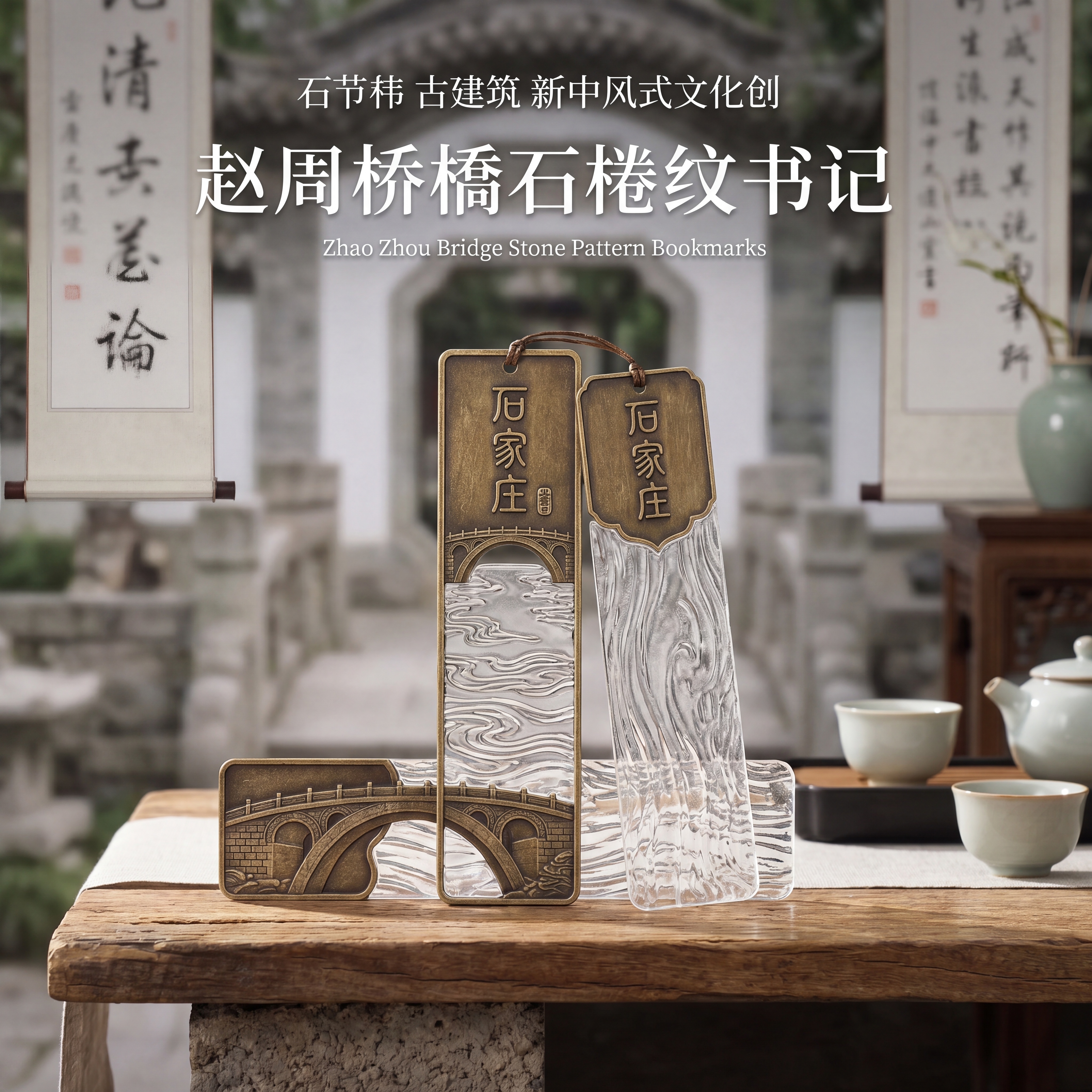 石韵古建新中式文创产品展示，赵州桥石纹书签，AI提取赵州桥石拱… - 图片创意预览