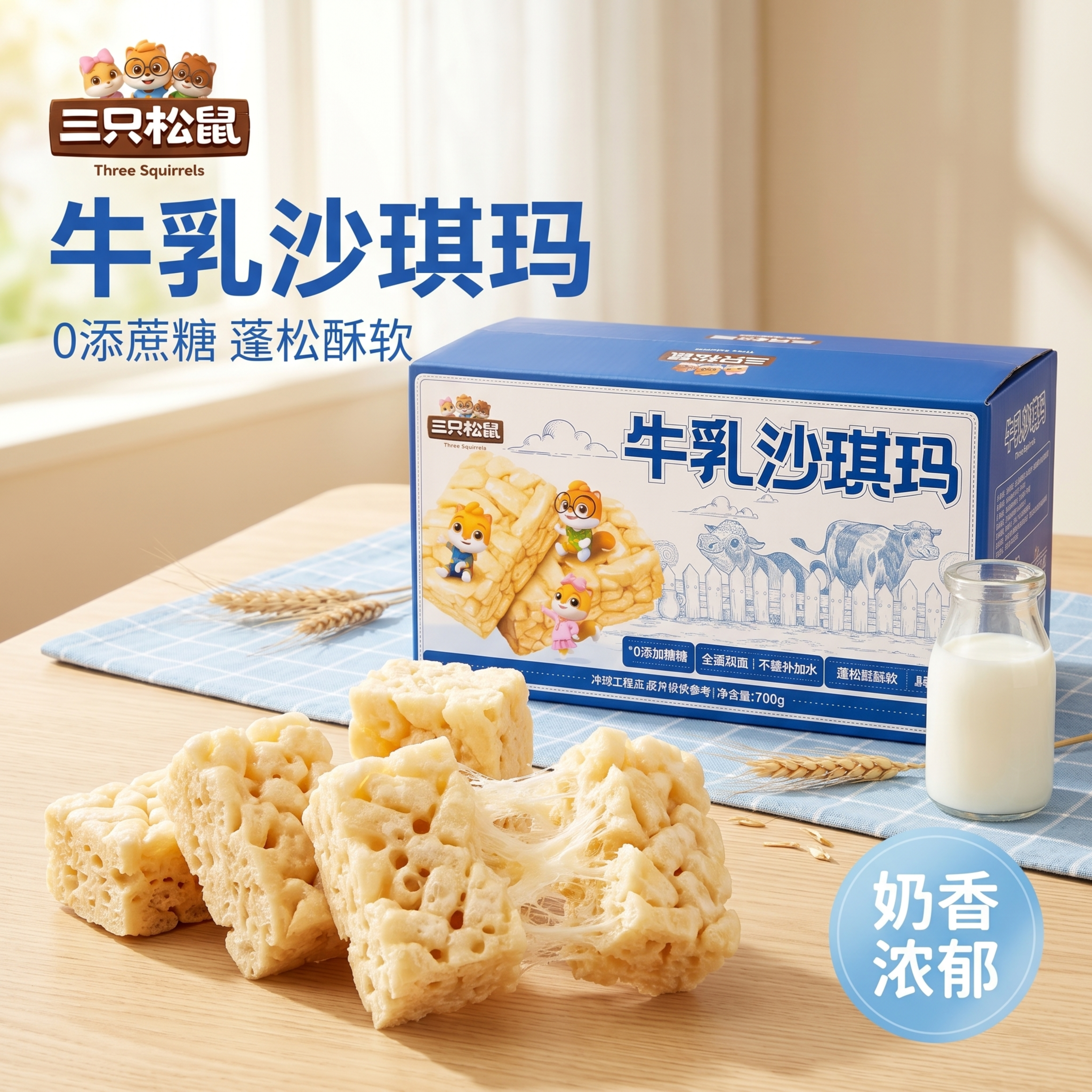 [主图-1] 三只松鼠牛乳沙琪玛首图点击率诱惑食欲场景 [氛围… - 图片创意预览